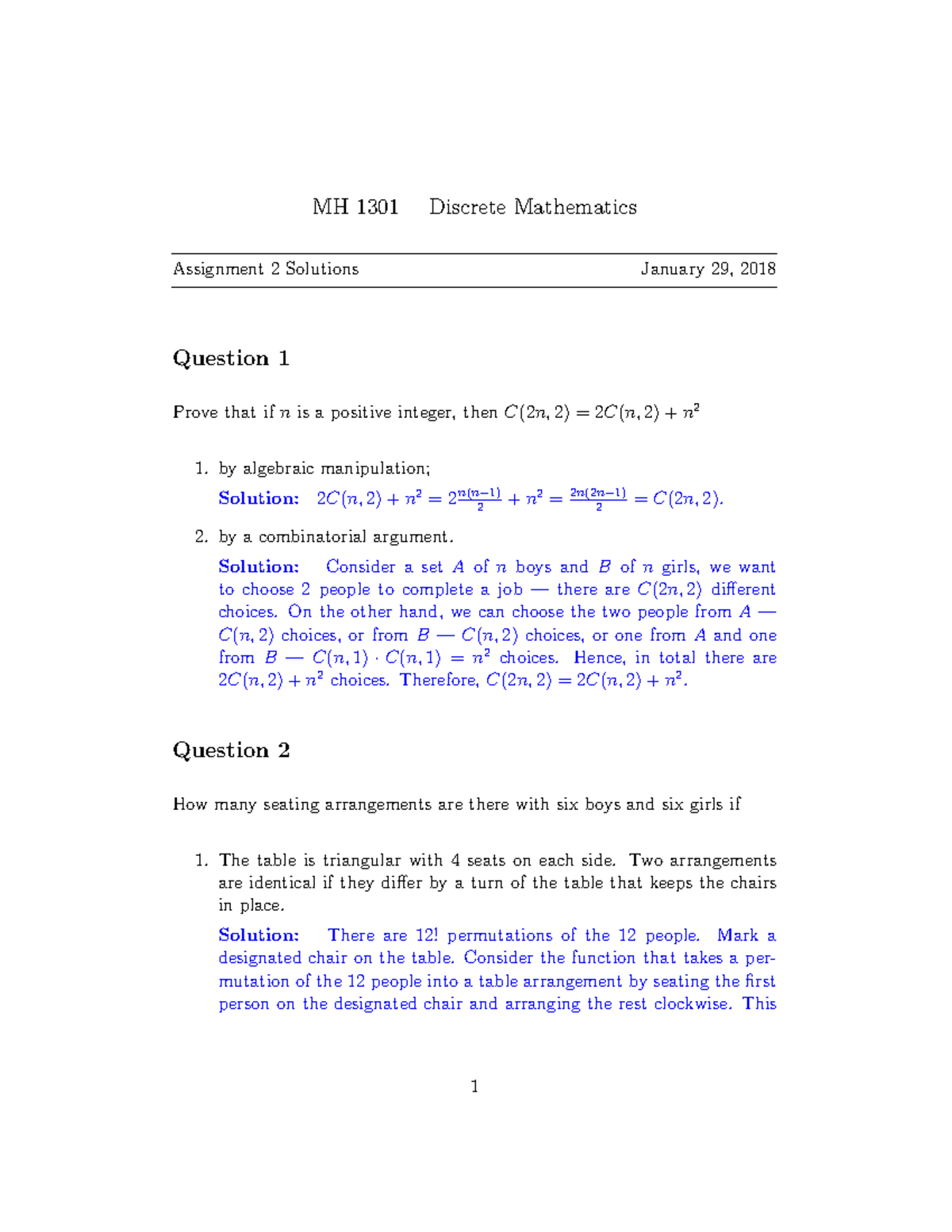 Tutorial 2 Solution - Discrete Mathematics Assign - MH 1301 Discrete ...