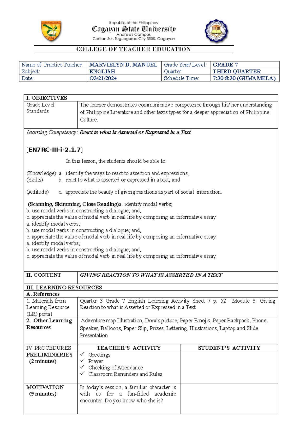 Giving- Reaction - Lesson Plan - Name of Practice Teacher: MARVIELYN D ...