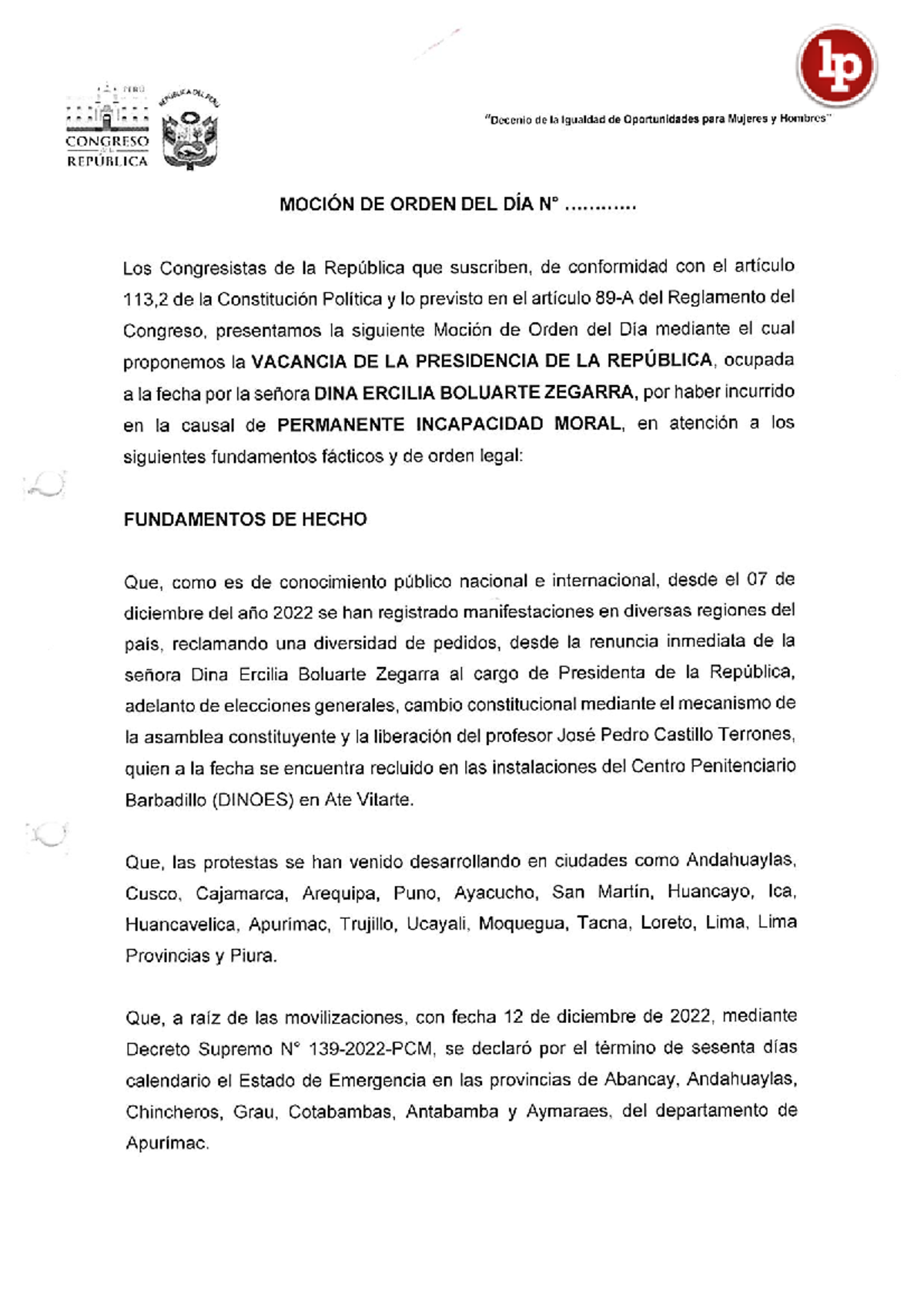 Mocion Vacancia Contra Dina Boluarte LPDerecho - Derecho Constitucional ...