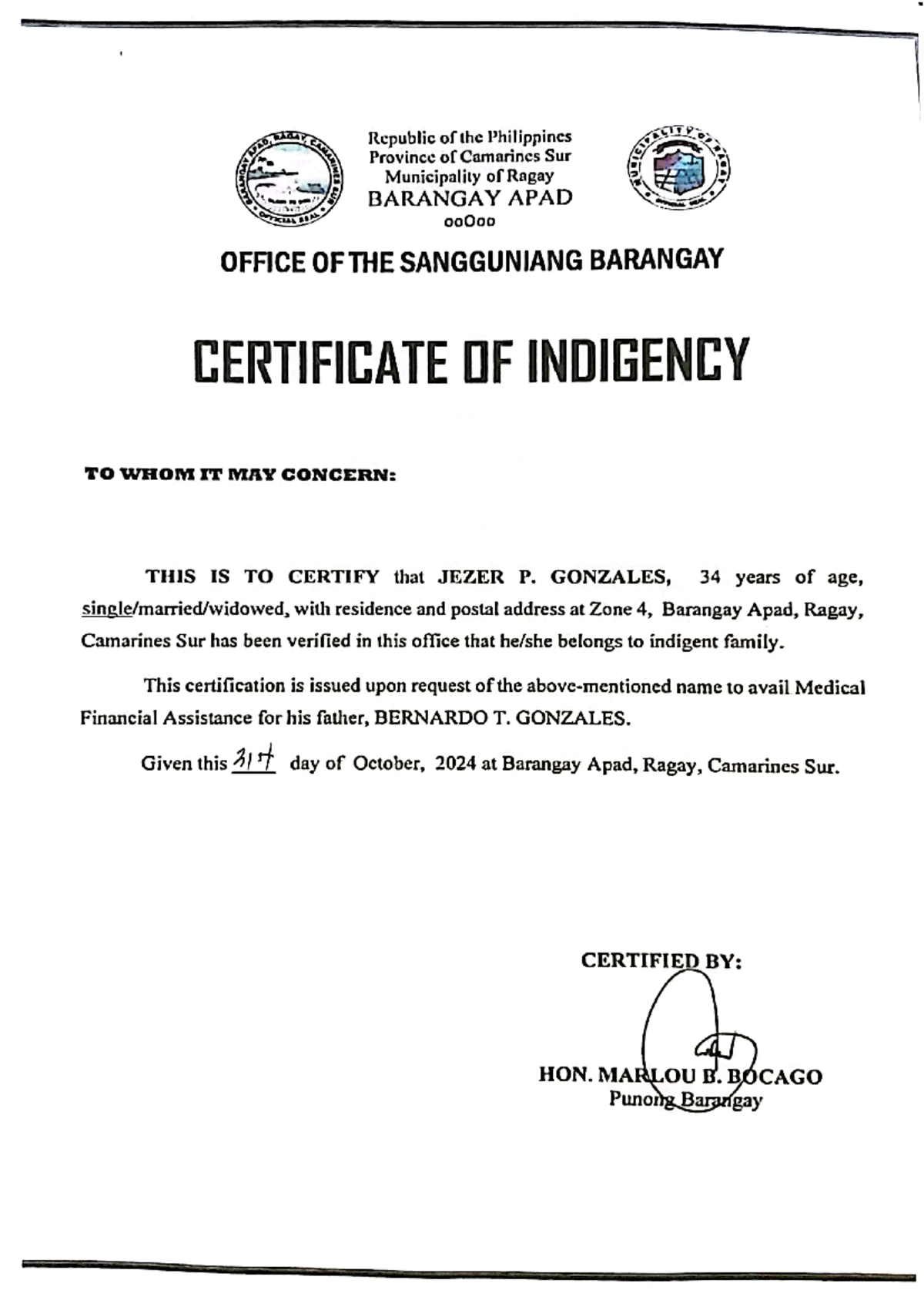 Indigency - xdfgtrdgf - RAGAP WAD Republic of the Philippines Province ...