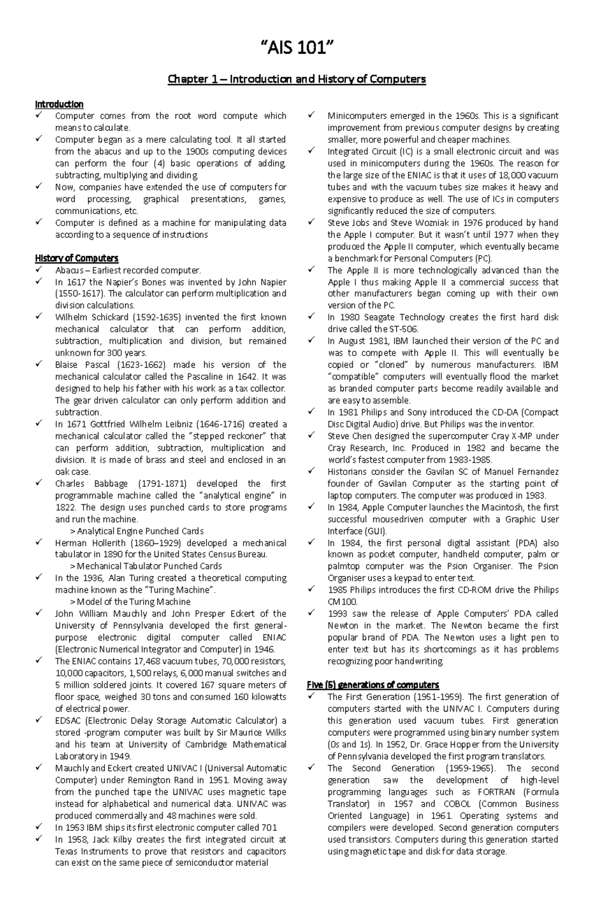 AIS 2 - Lecture notes 2 - “AIS 101 ” Chapter 1 – Introduction and ...