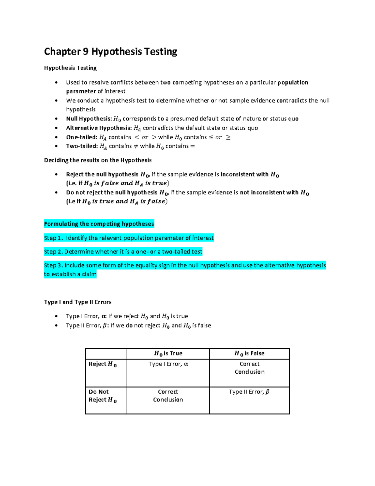 Business Statistics Chapter 9