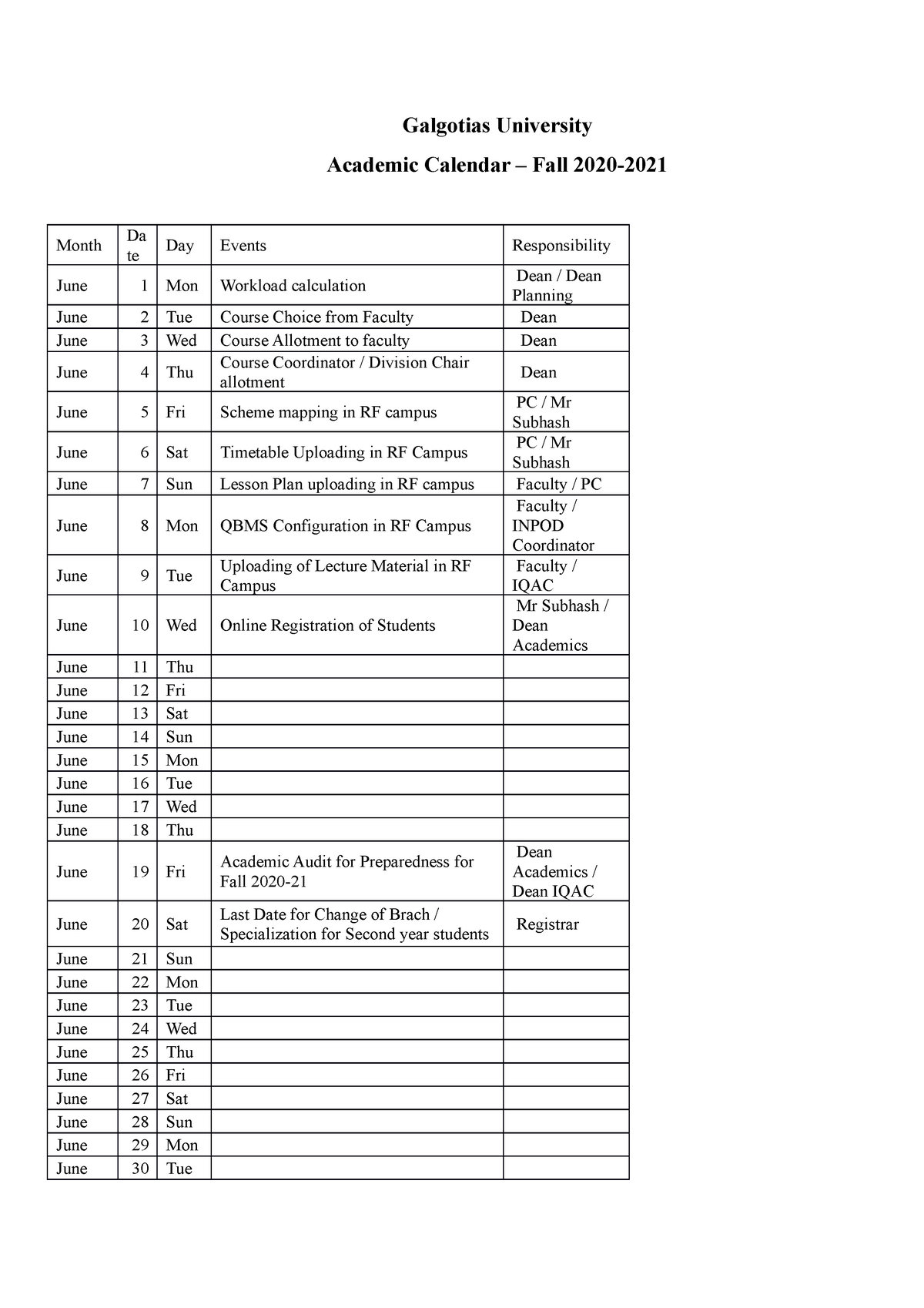 Academic Caleendar followed by galgotias university Galgotias