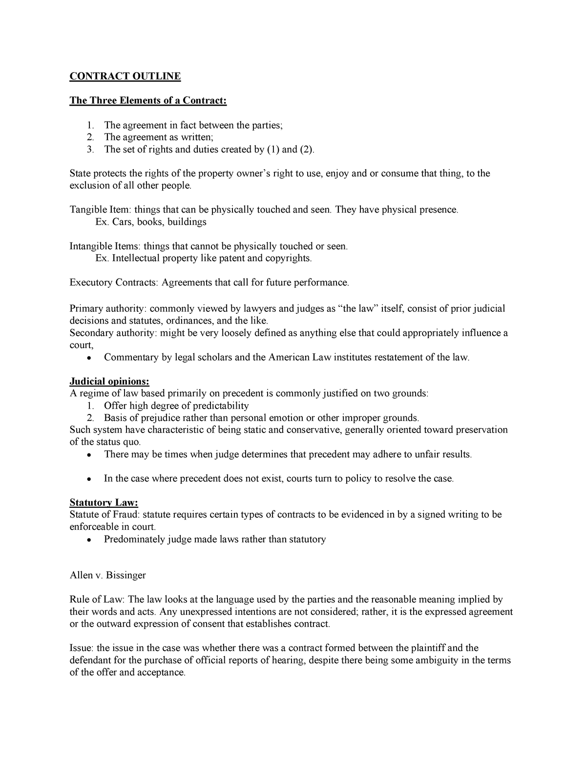 Contract Outline - CONTRACT OUTLINE The Three Elements of a Contract: 1 ...