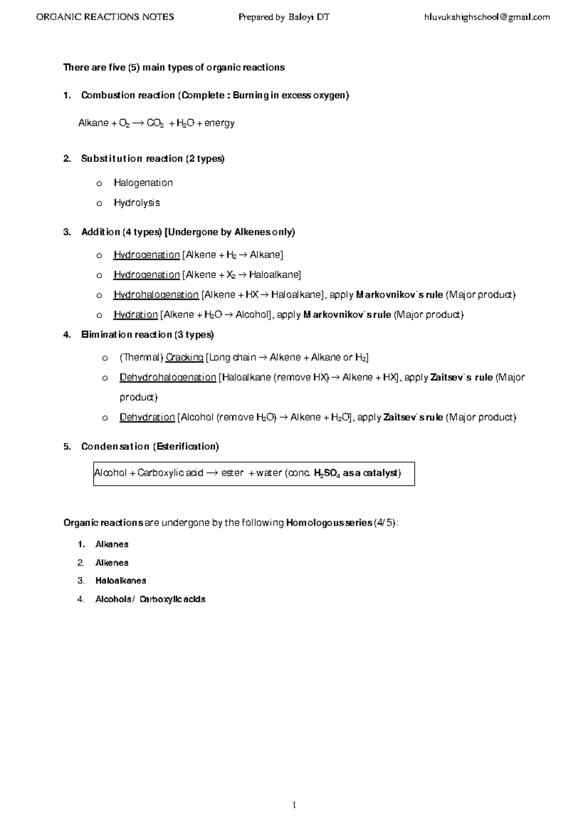 Organic Reactions Summary - There are five (5) main types of organic ...