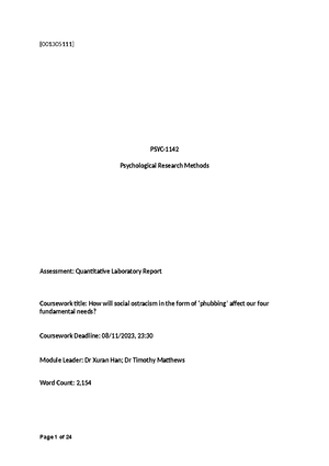 1142 Quantitative Report - module code: module name: Psychological ...