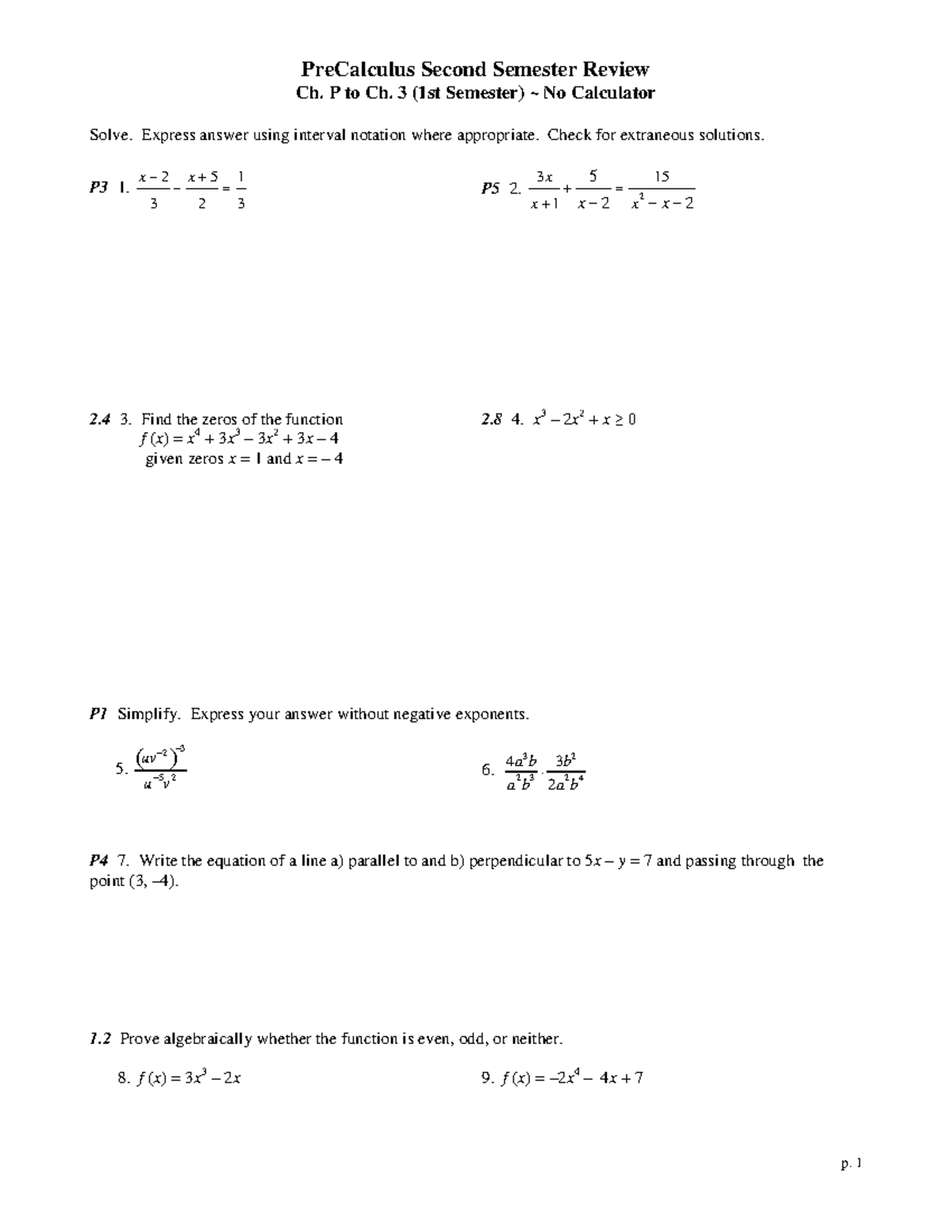 Precalc - 2nd Semester Review - PreCalculus Second Semester Review Ch ...