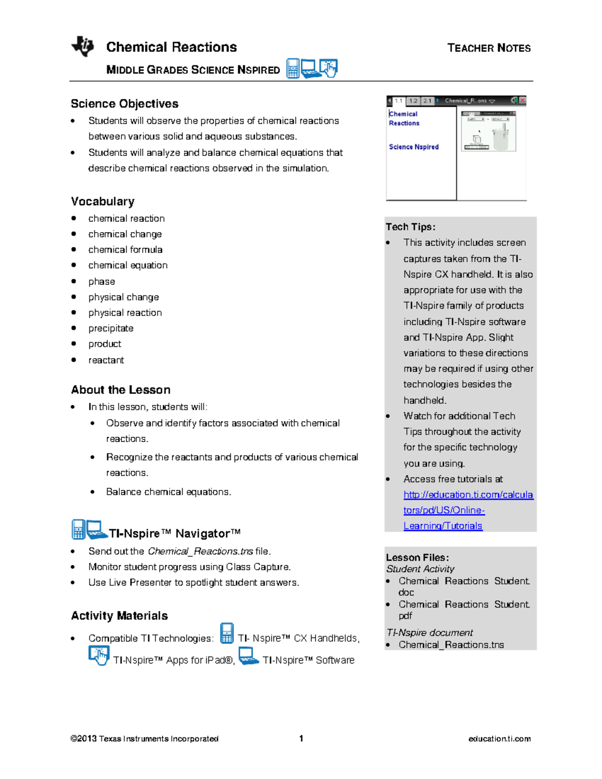 Chemical Reactions Teacher - MIDDLE GRADES SCIENCE NSPIRED Science ...