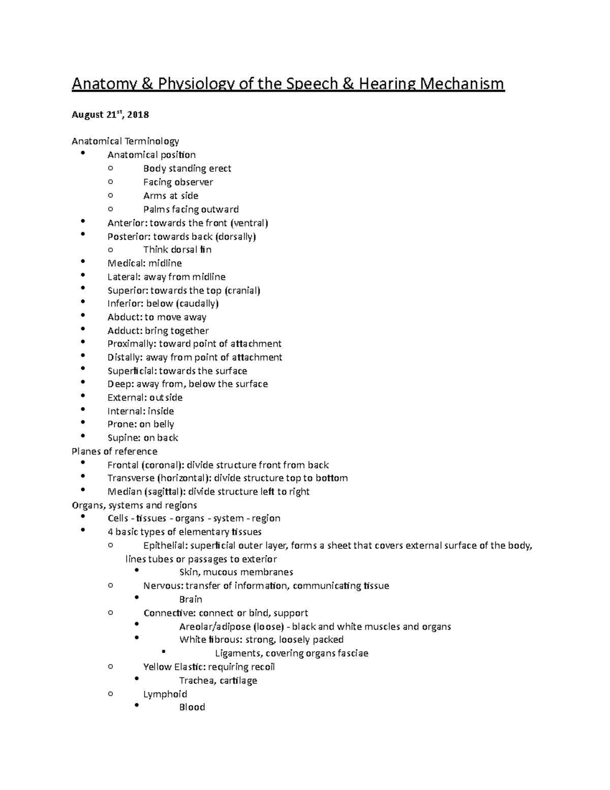 A&P 8-21-2018 - Lecture Notes 1-2 - Anatomy & Physiology Of The Speech ...