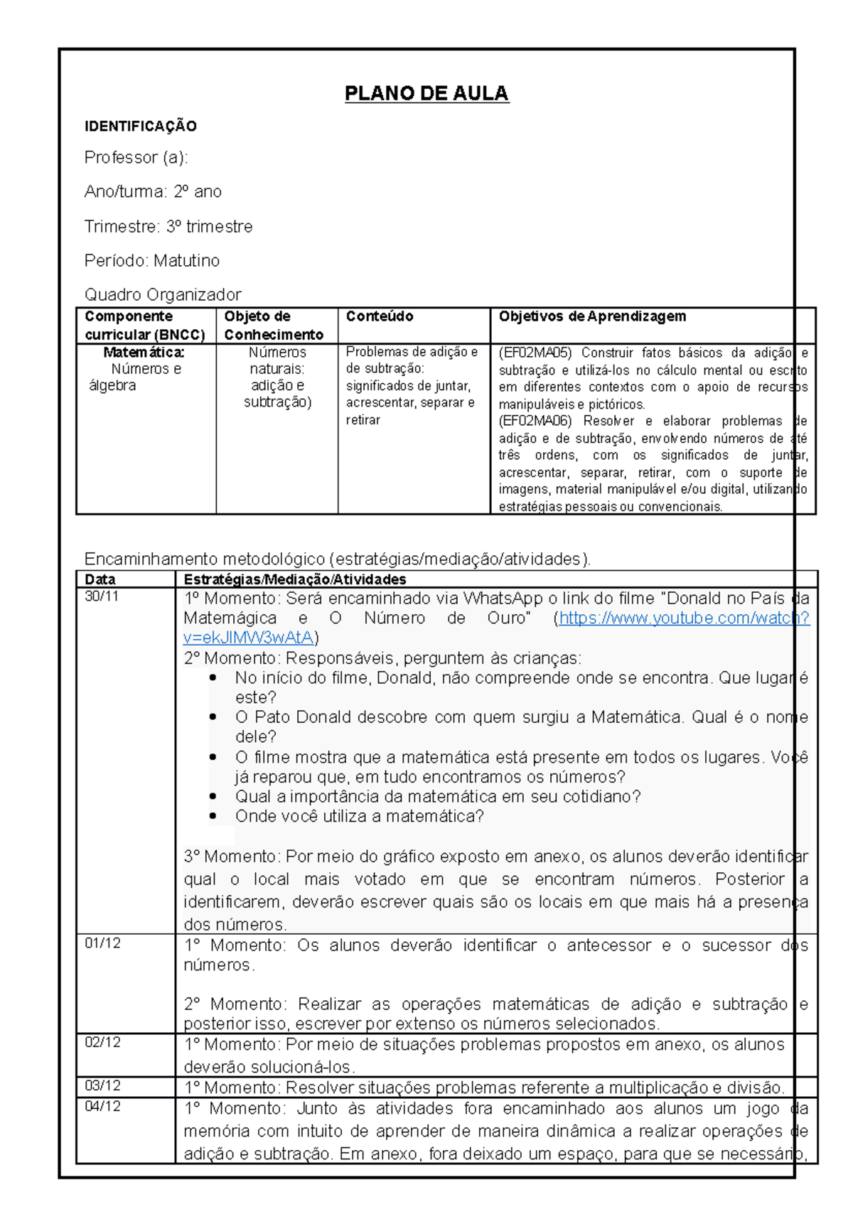 Plano De Aula Ano Ensino Fundamental Matem Tica Plano De Aula Identifica O Professor