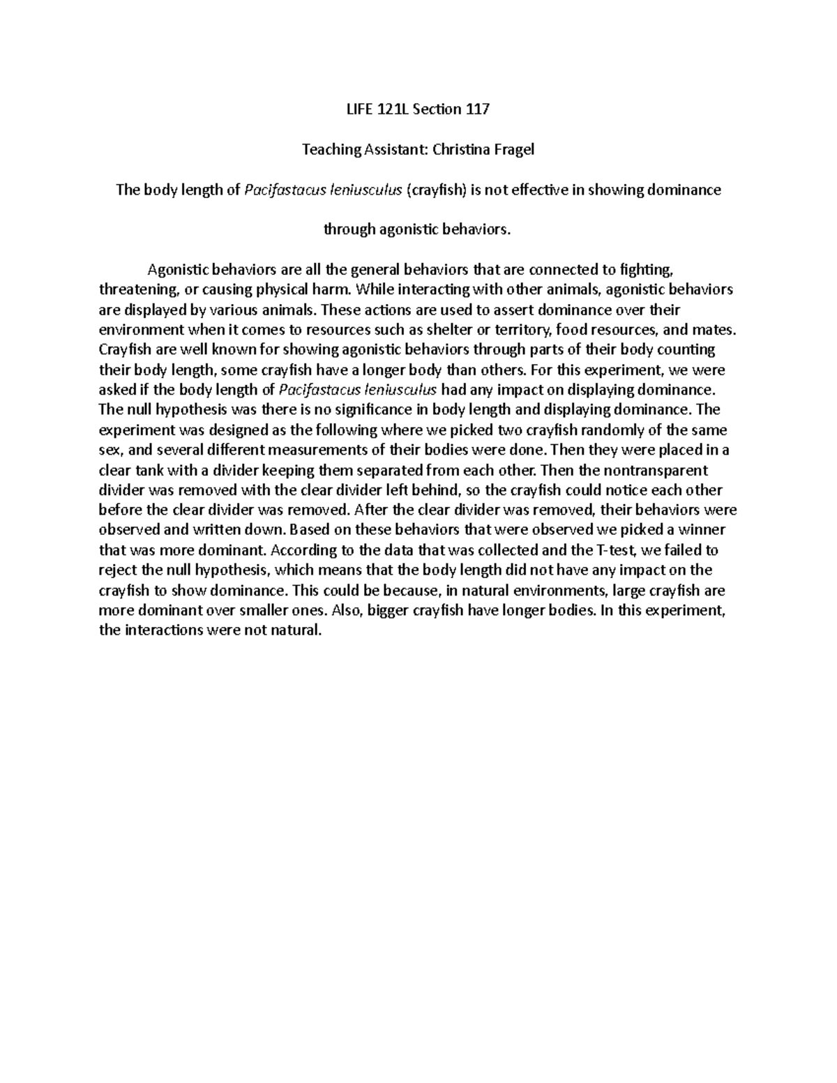 Animal Behavior Abstract - LIFE 121L Section 117 Teaching Assistant ...