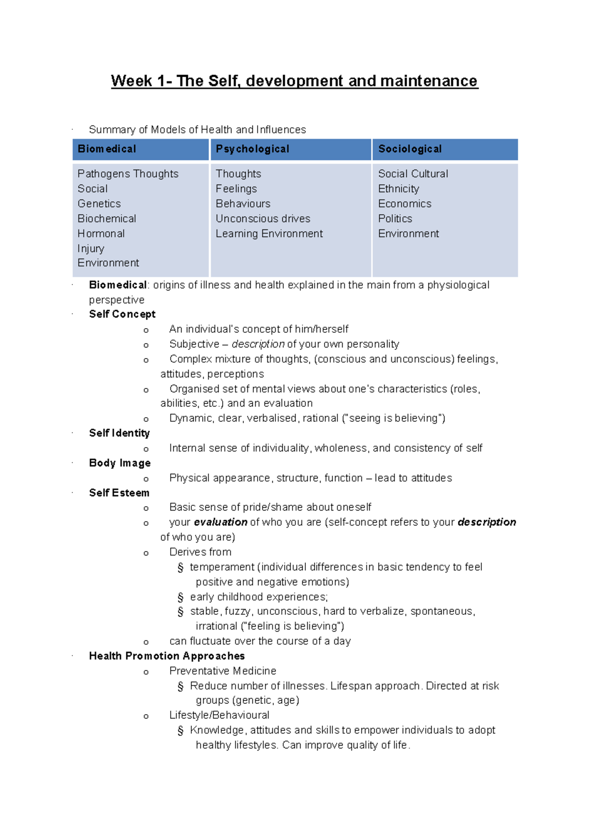 Wk1-11 Lecture Notes - Week 1- The Self, development and maintenance ...