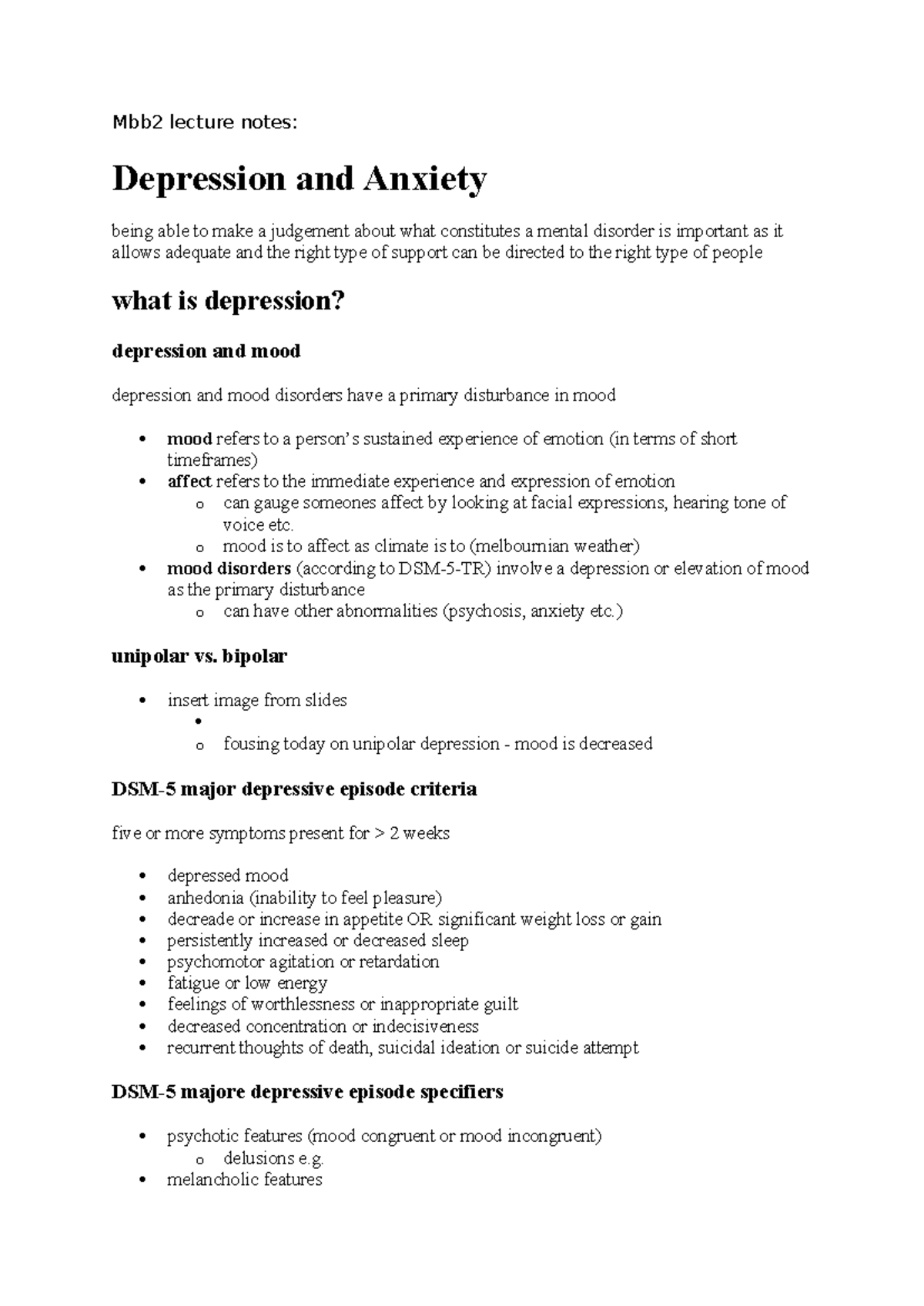 Depression and anxiety ntes - Mbb2 lecture notes: Depression and ...