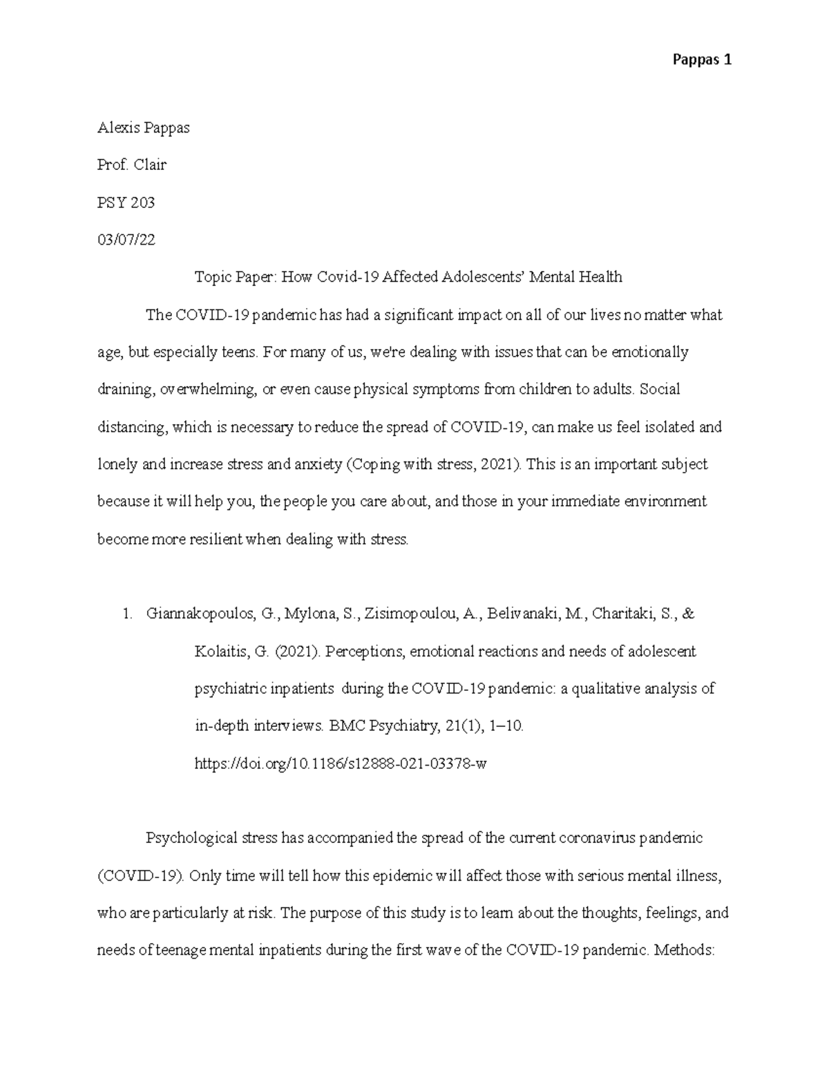 Topic paper - Dr. Clair - Alexis Pappas Prof. Clair PSY 203 03/07 ...