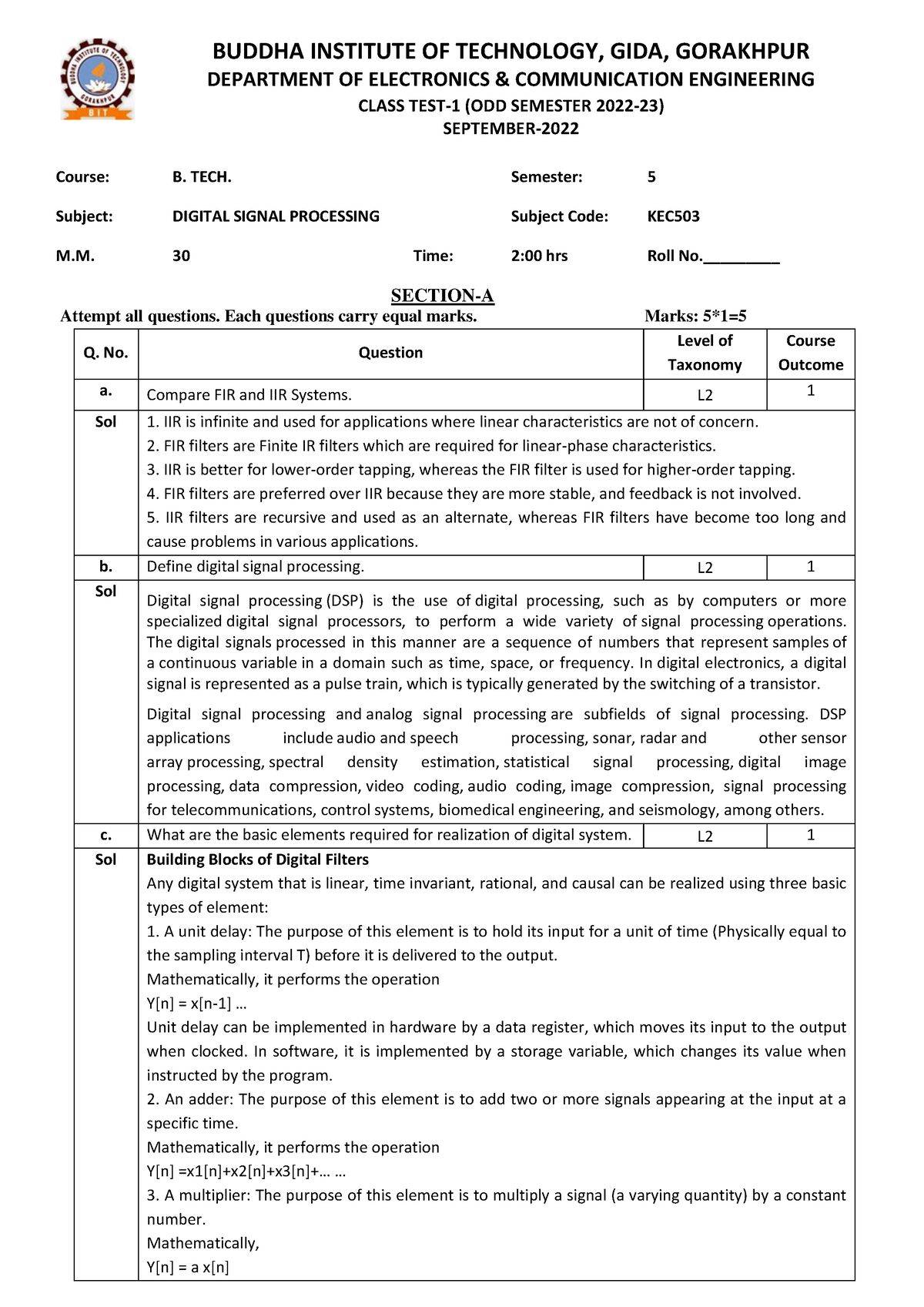 5th sem CT-1 Paper DSP 2022-23 - Solution - BUDDHA INSTITUTE OF ...