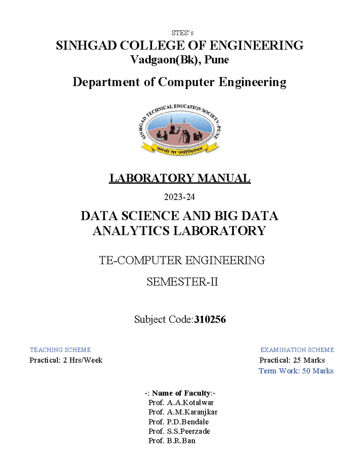 Dsbdal Lab Manual - STES’s SINHGAD COLLEGE OF ENGINEERING Vadgaon(Bk ...