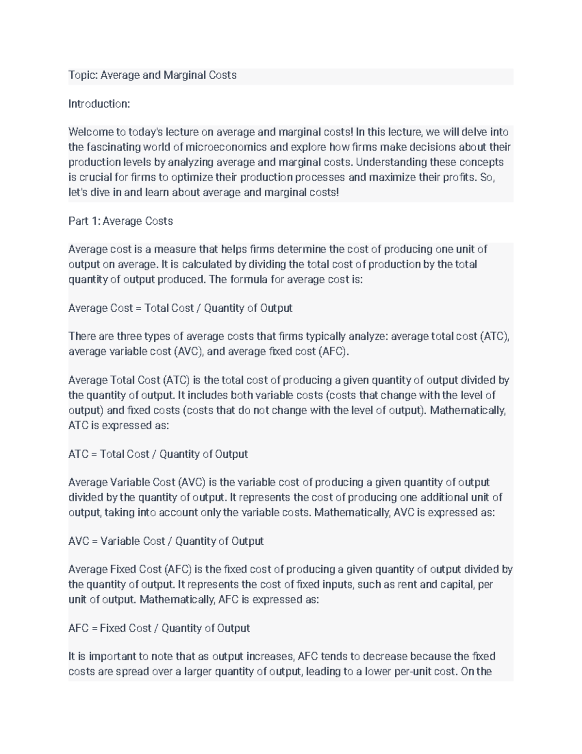 ECON1010 important lecture notes 8 - Topic: Average and Marginal Costs ...