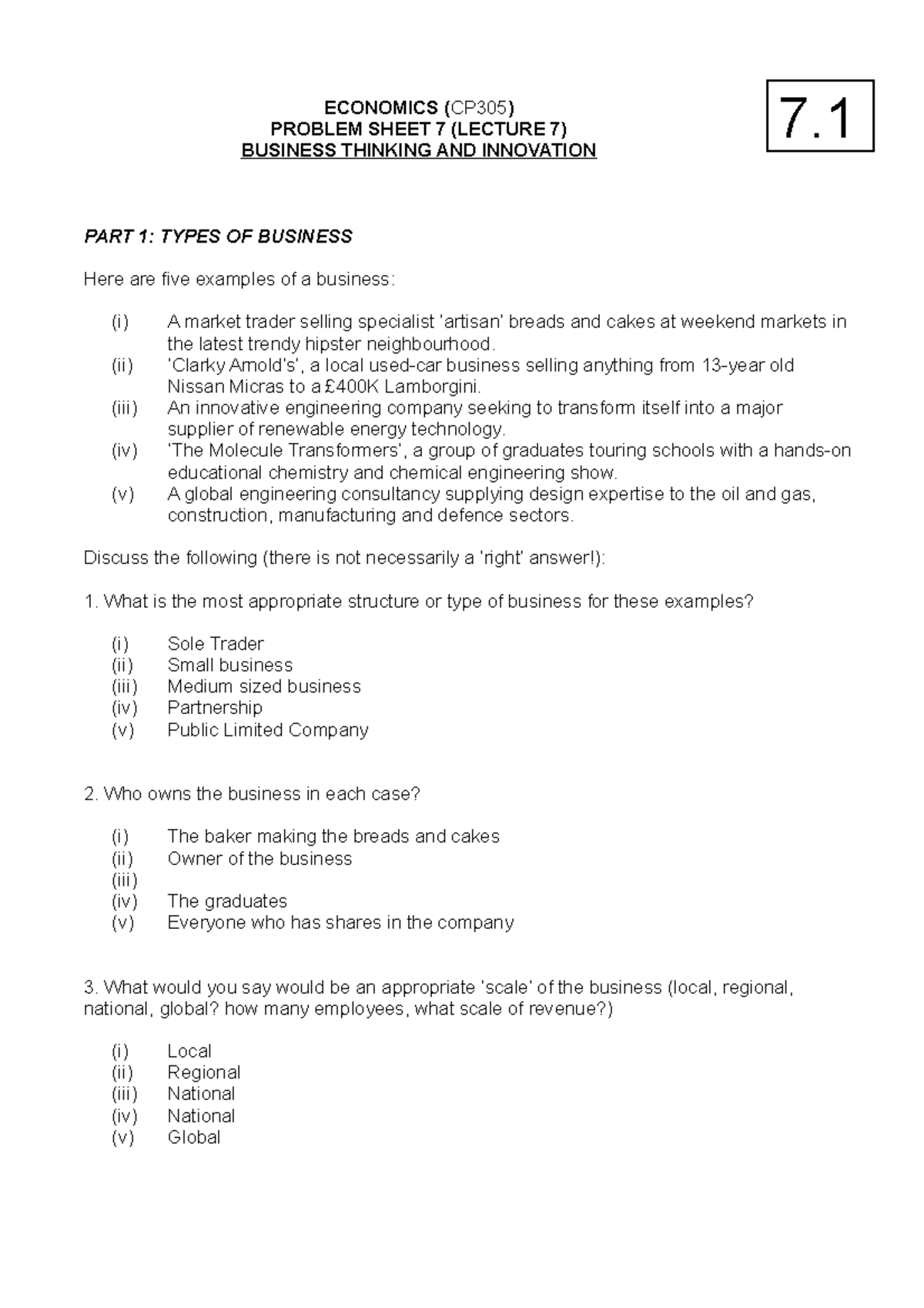 CP305 problem sheet 7 lecture 7 - ECONOMICS (CP305) PROBLEM SHEET 7 ...