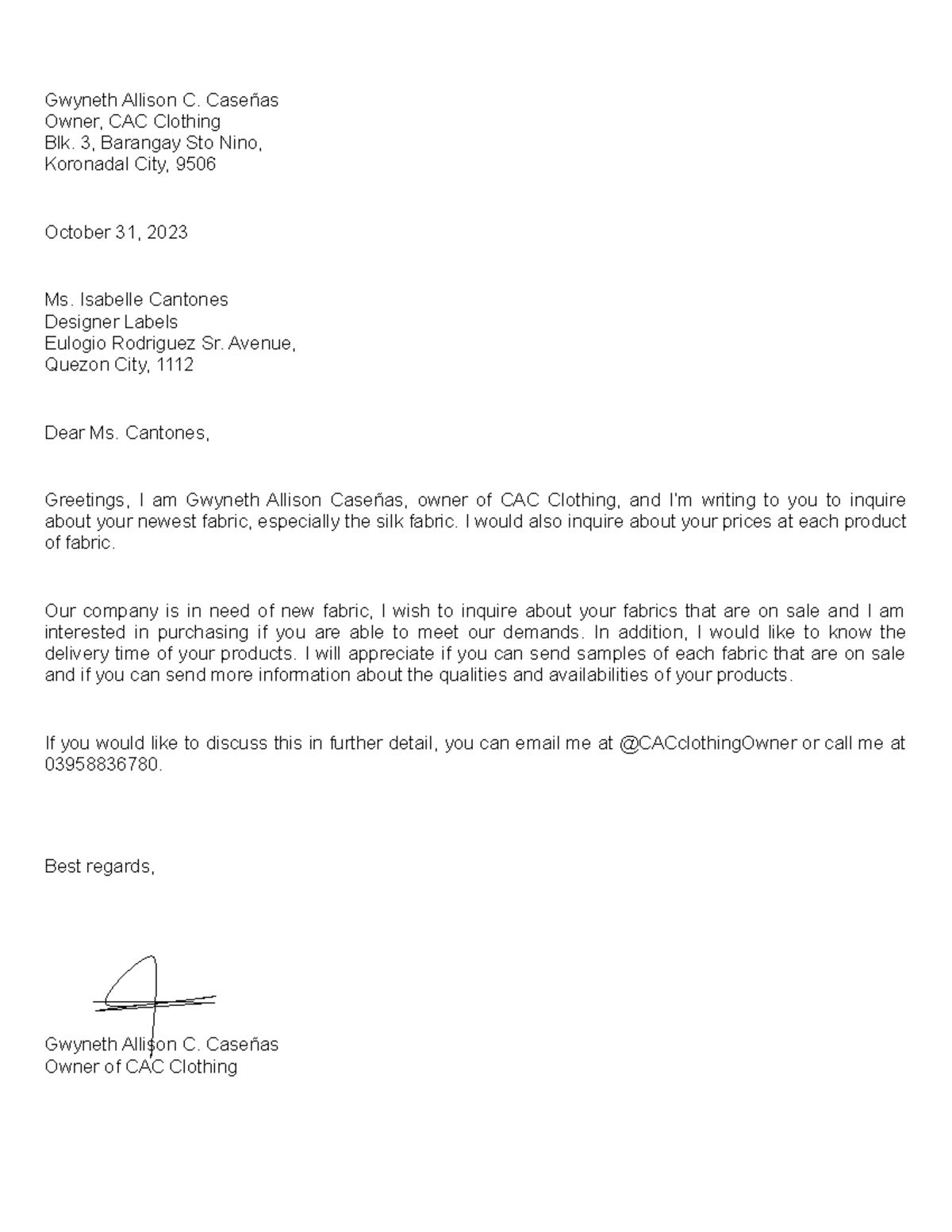 Business Letter - Gwyneth Allison C. Caseñas Owner, CAC Clothing Blk. 3 ...