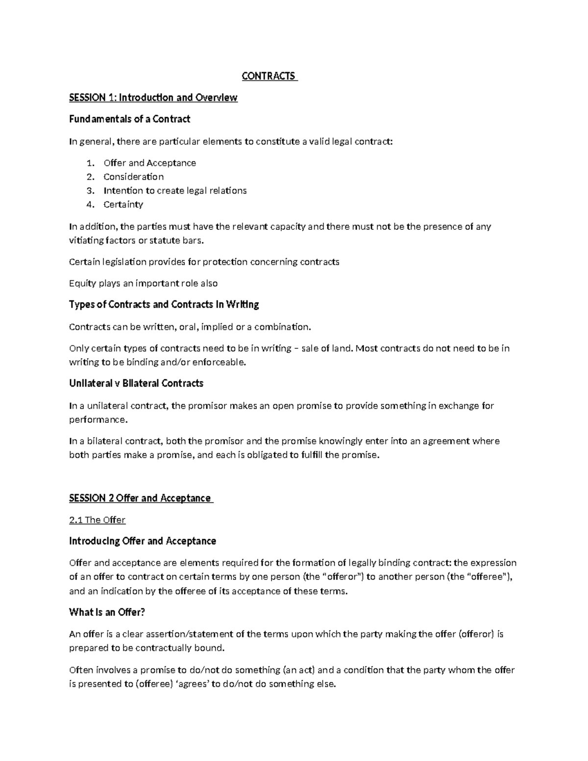 Contracts Notes - Extensive contract Law - CONTRACTS SESSION 1 ...
