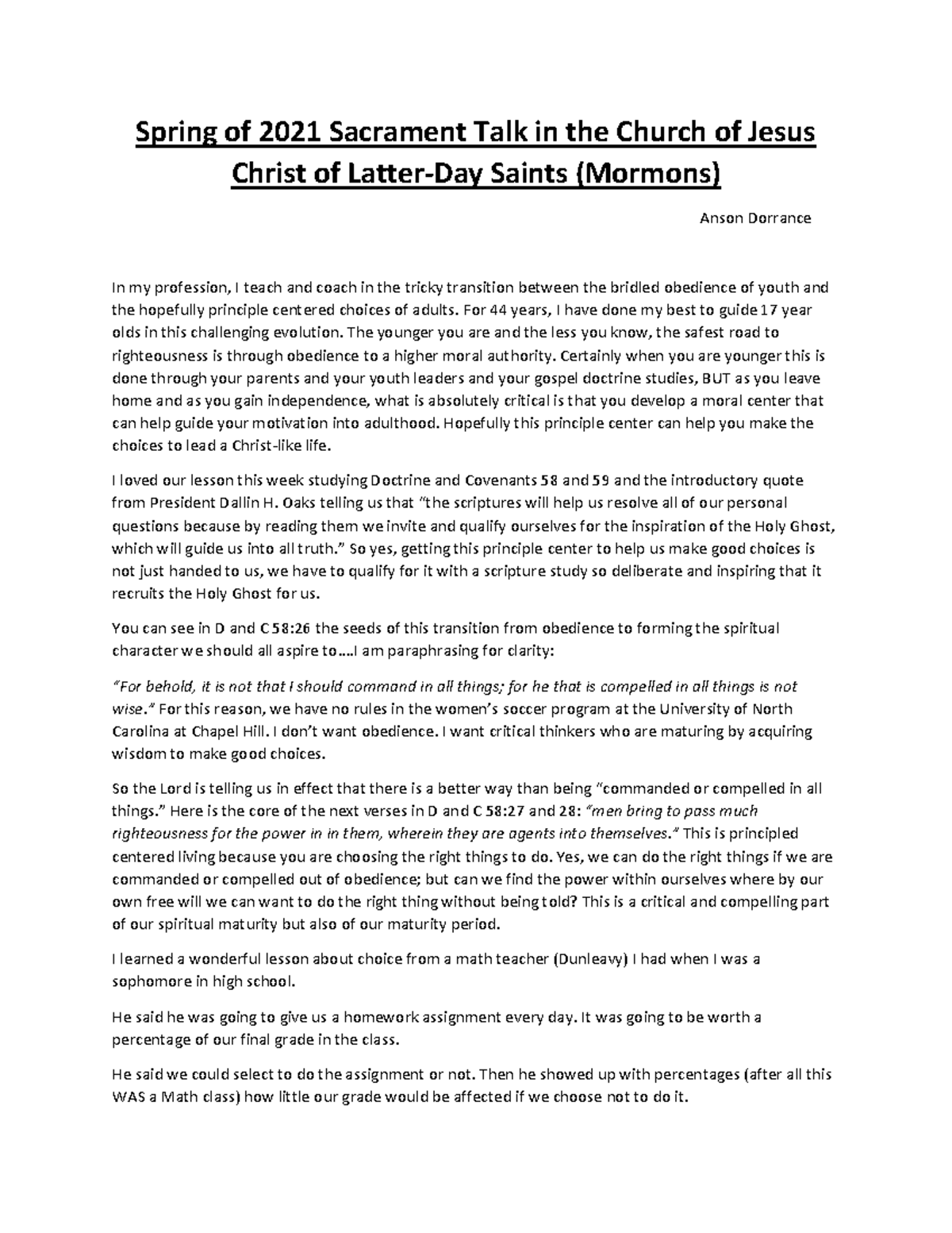Sacrament talk triple i class notes Spring of 2021 Sacrament Talk in the Church of Jesus