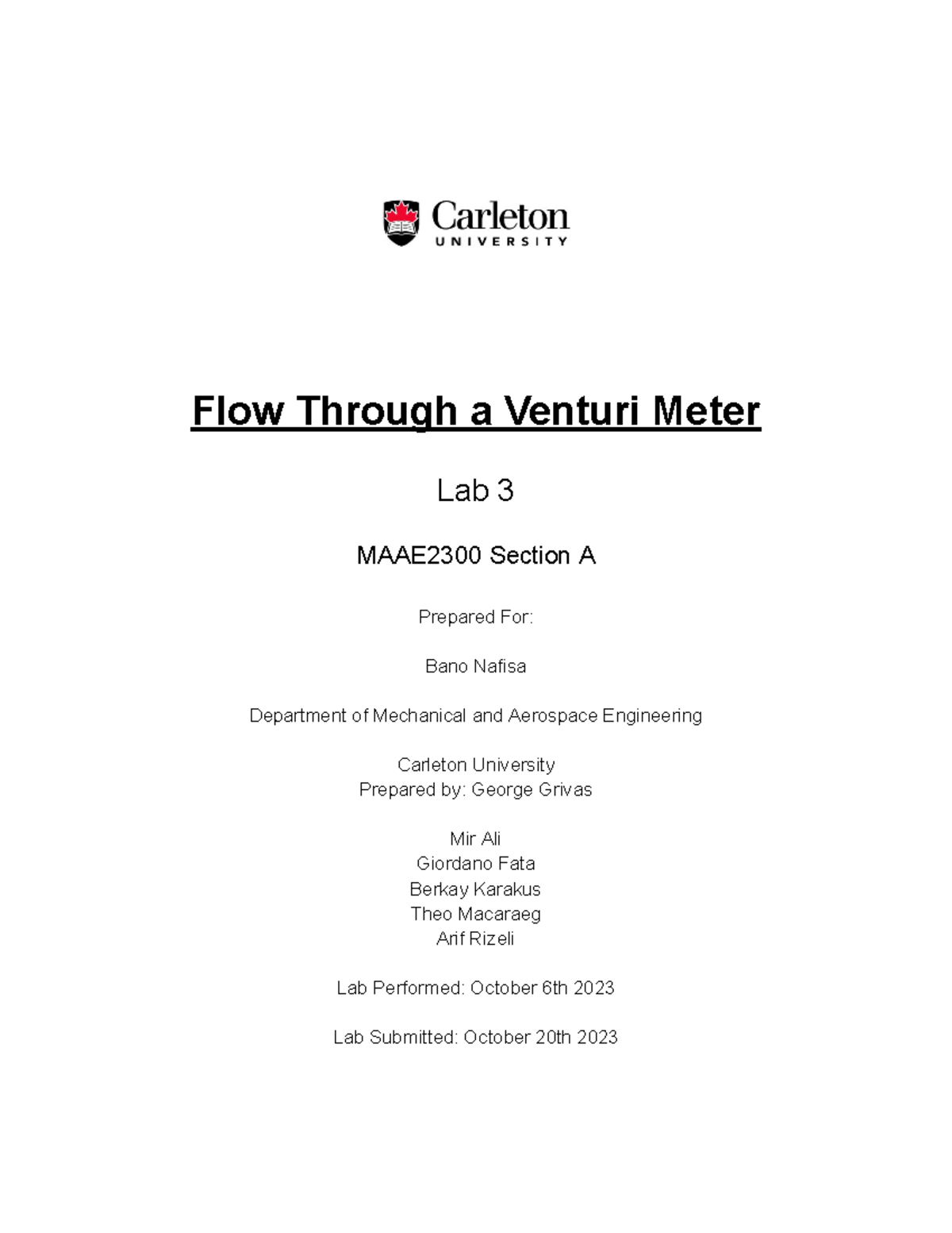 Fluids Venturi Lab Flow Through a Venturi Meter Lab 3 MAAE2300