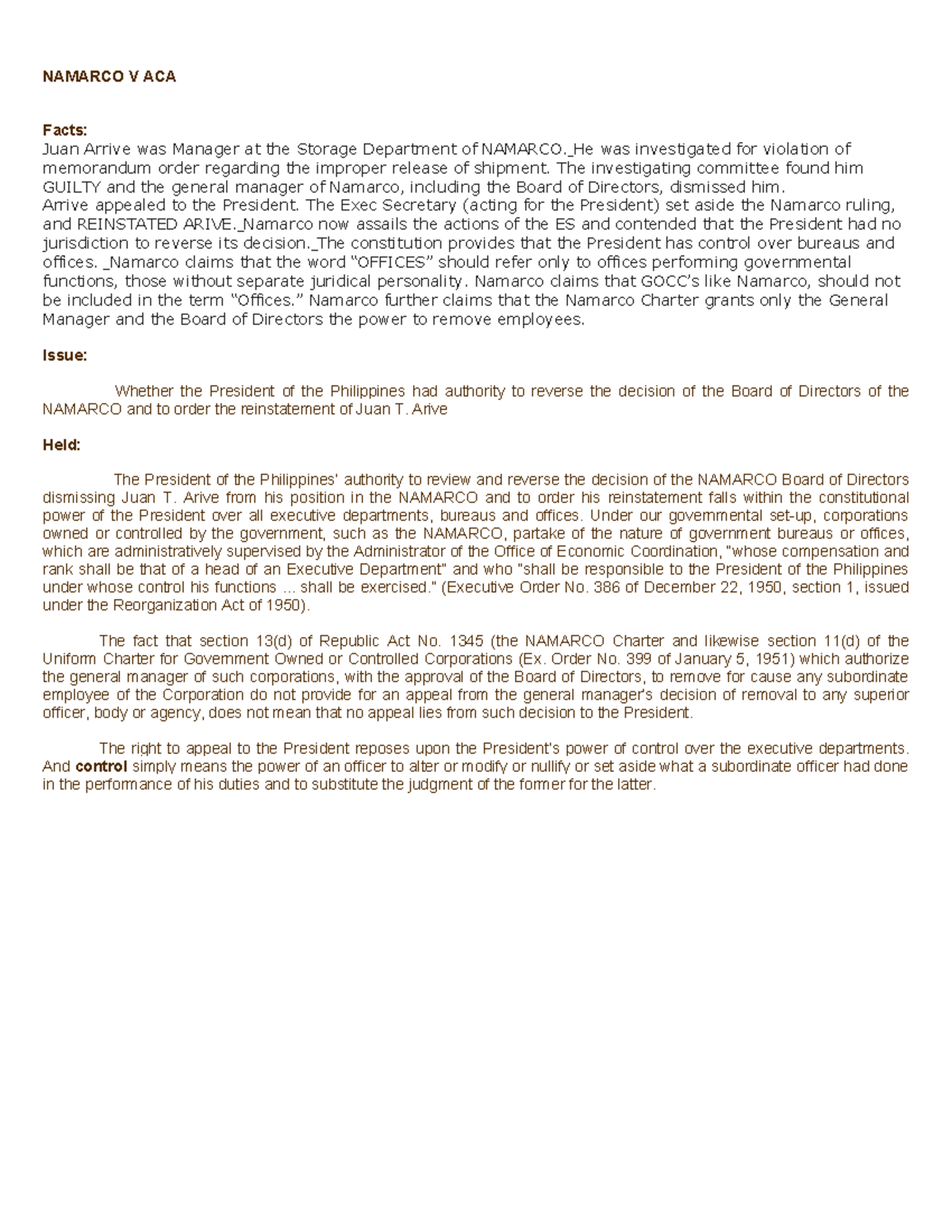 NamarcovArca Summary Law NAMARCO V ACA Facts Juan Arrive was Manager at the Storage Studocu