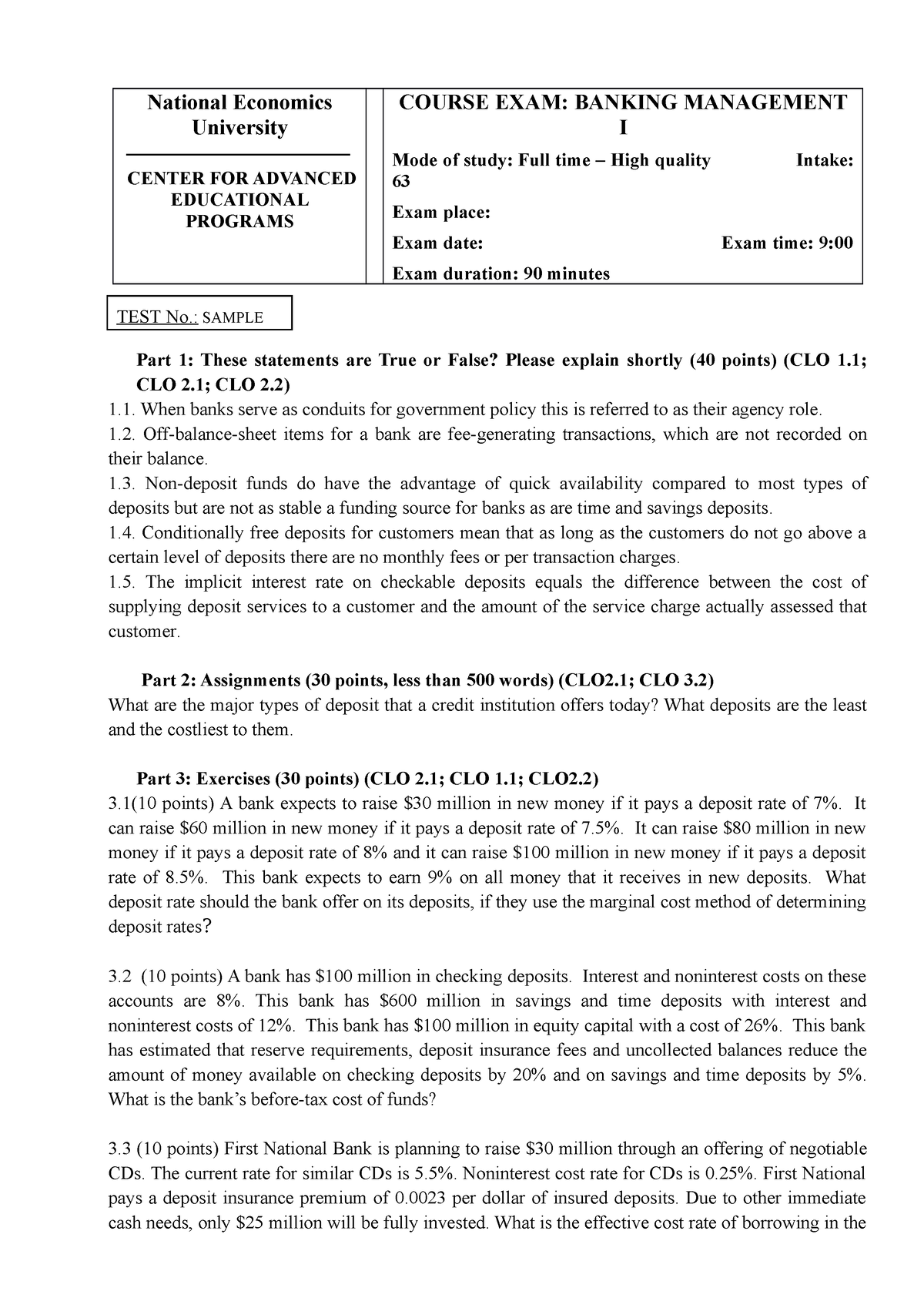 Commercial Banking 1 - Final Examination - Sample - National Economics ...