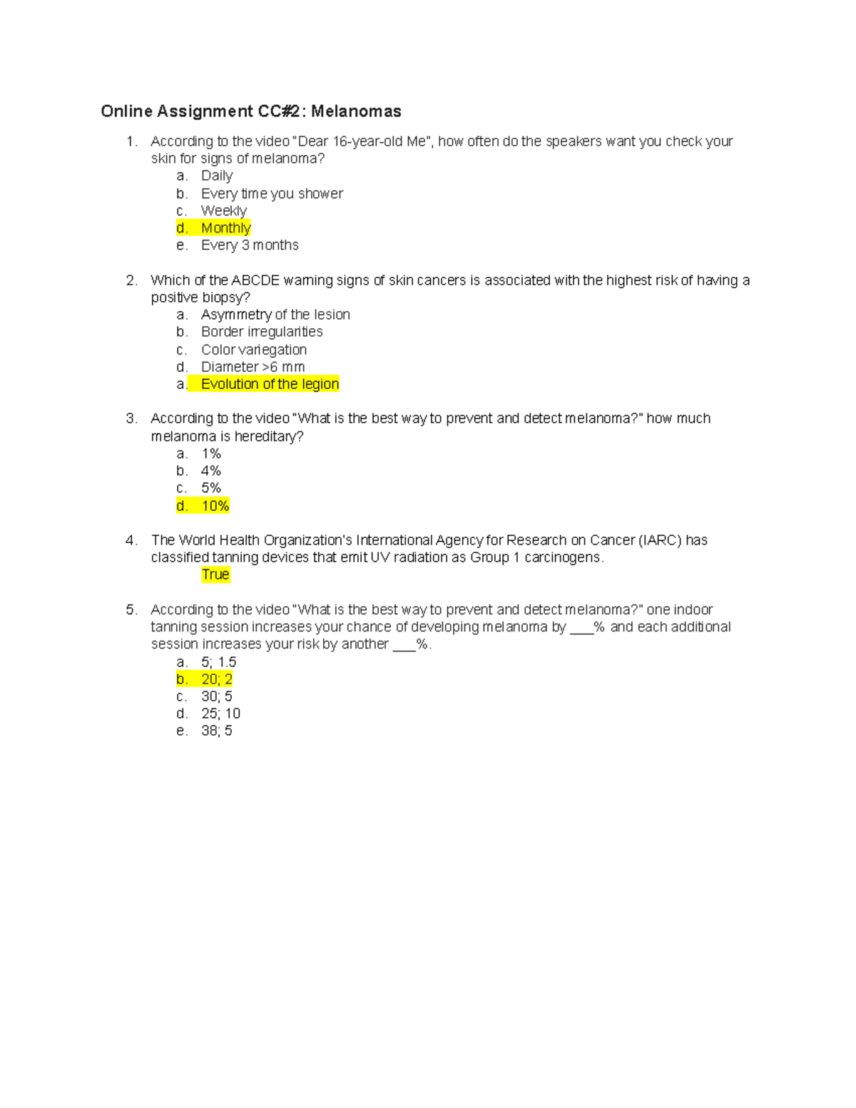 Seminar assignments Answer key to short online blackboard assignment