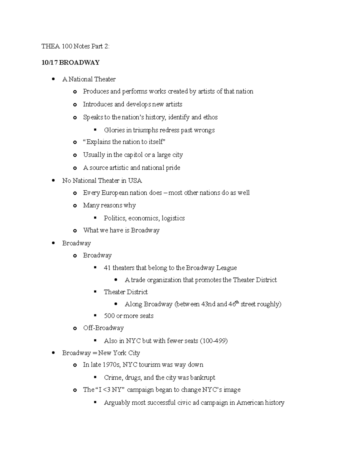 THEA 100 Notes Part 2 - Theater - THEA 100 Notes Part 2: 10/17 BROADWAY ...