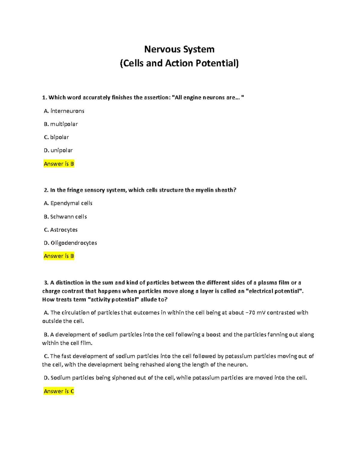 Nervous System (Cells and Action Potential) - Which word accurately ...