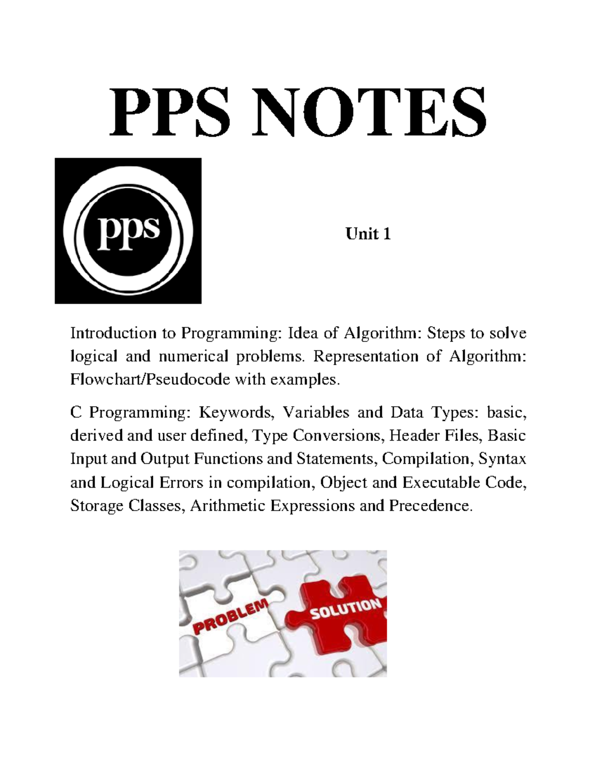 PUC Notes - helpful - PPS NOTES Unit 1 Introduction to Programming ...