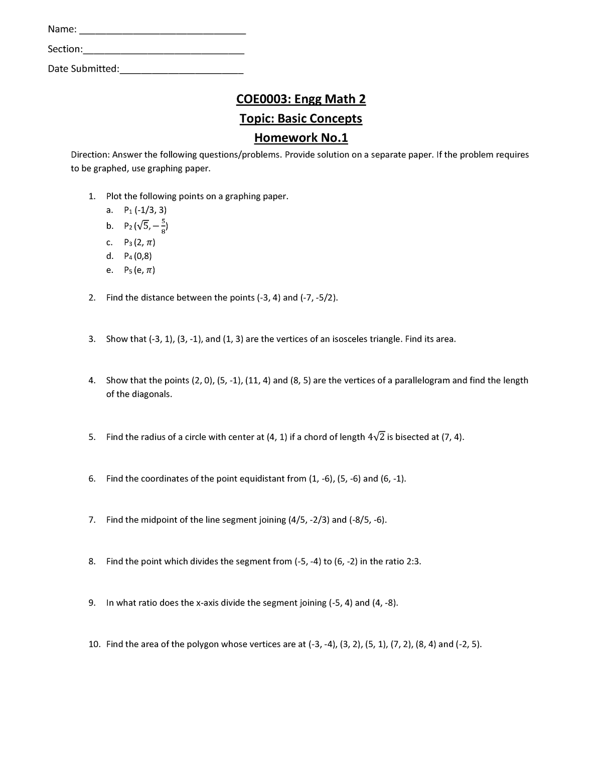 HW1-+Basic+Concepts - DbanamNz. - COE0003: Engg Math 2 Topic: Basic ...