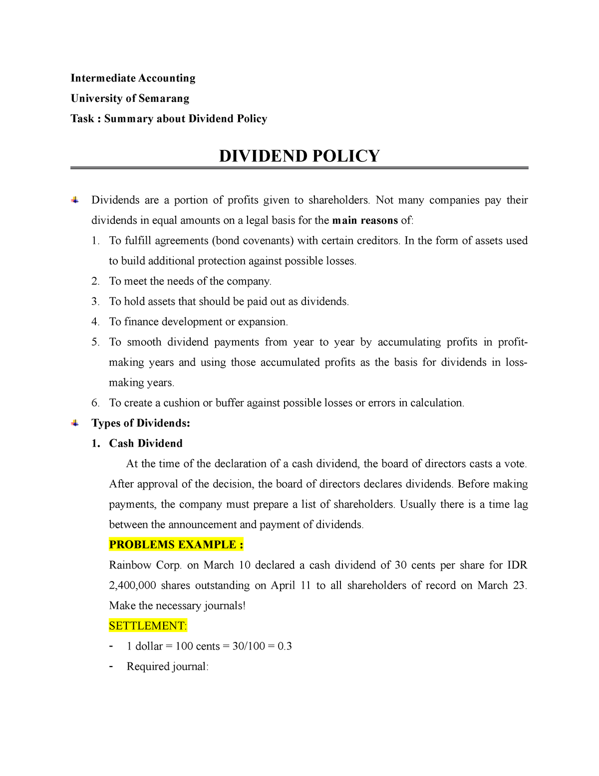 Dividend Policy - Intermediate Accounting University Of Semarang Task ...