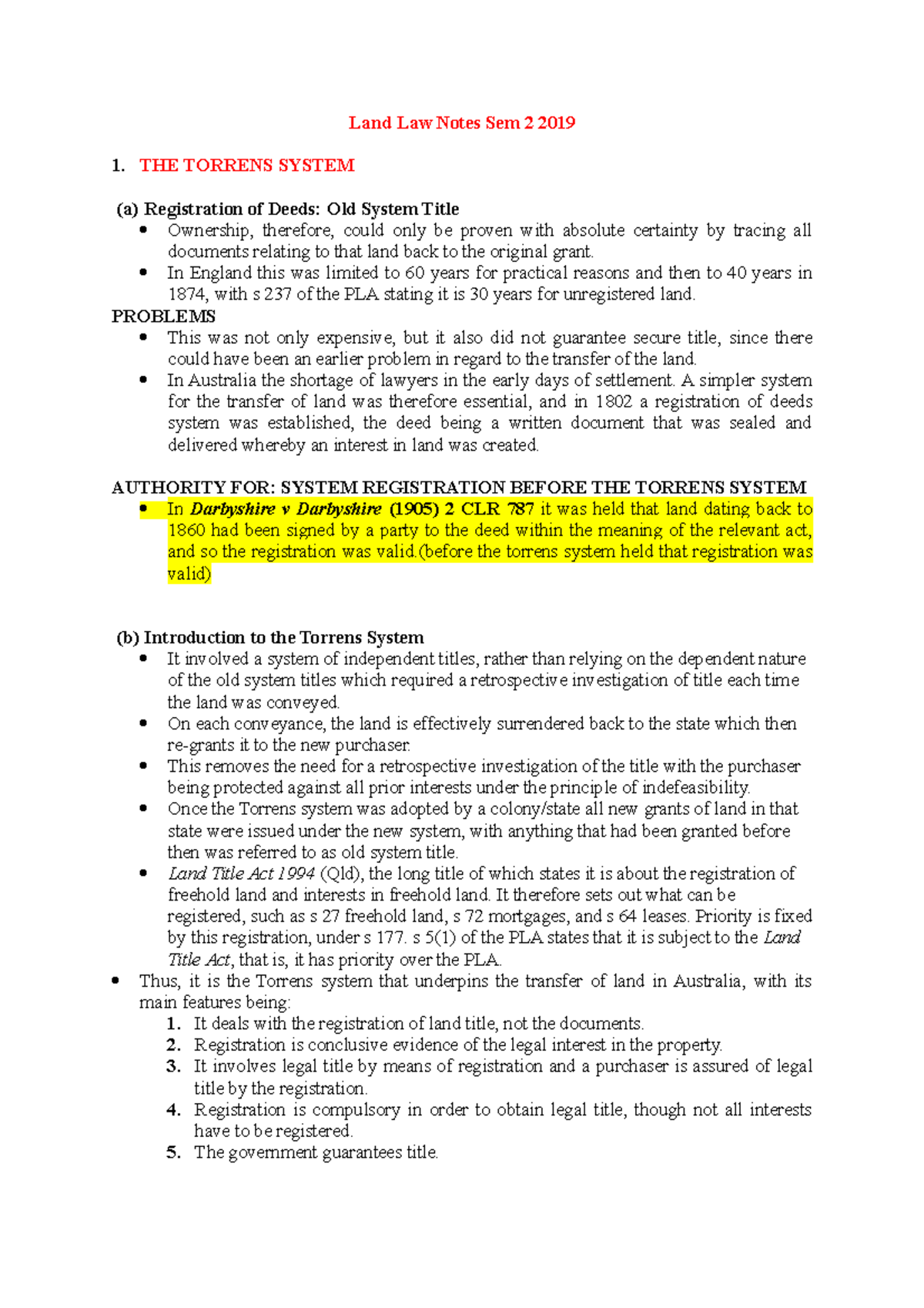 Land Law Notes Semester II - Land Law Notes Sem 2 2019 THE TORRENS ...