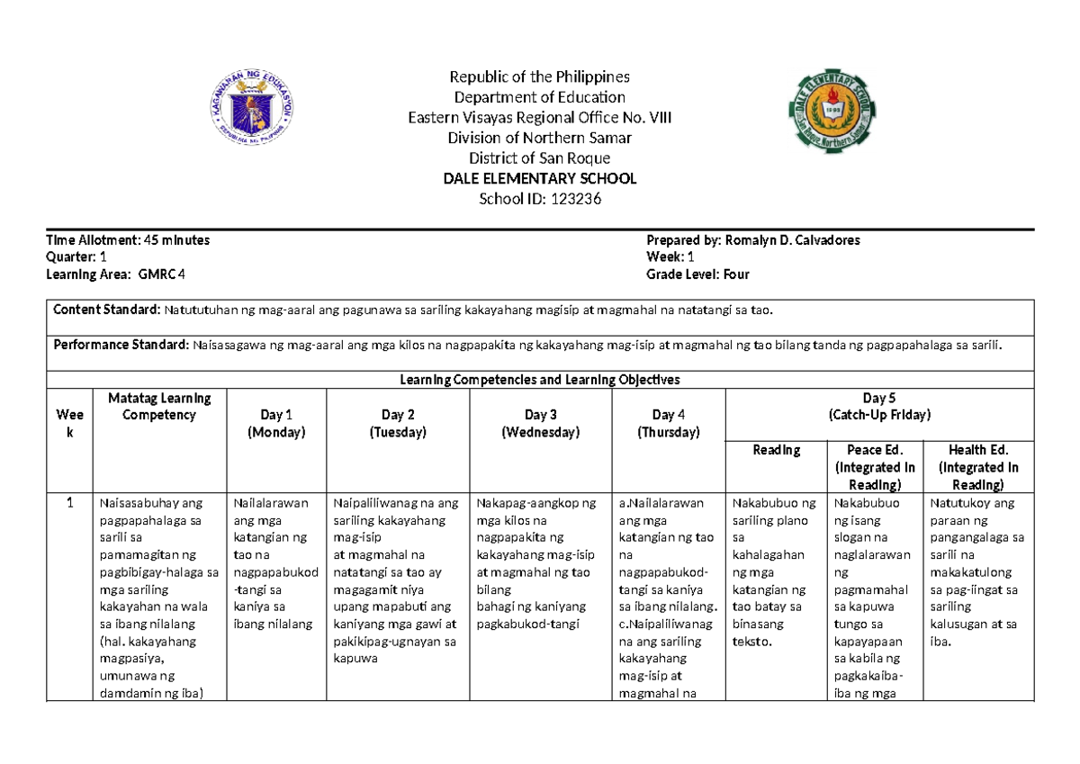 BOW - Budget of work - Republic of the Philippines Department of ...