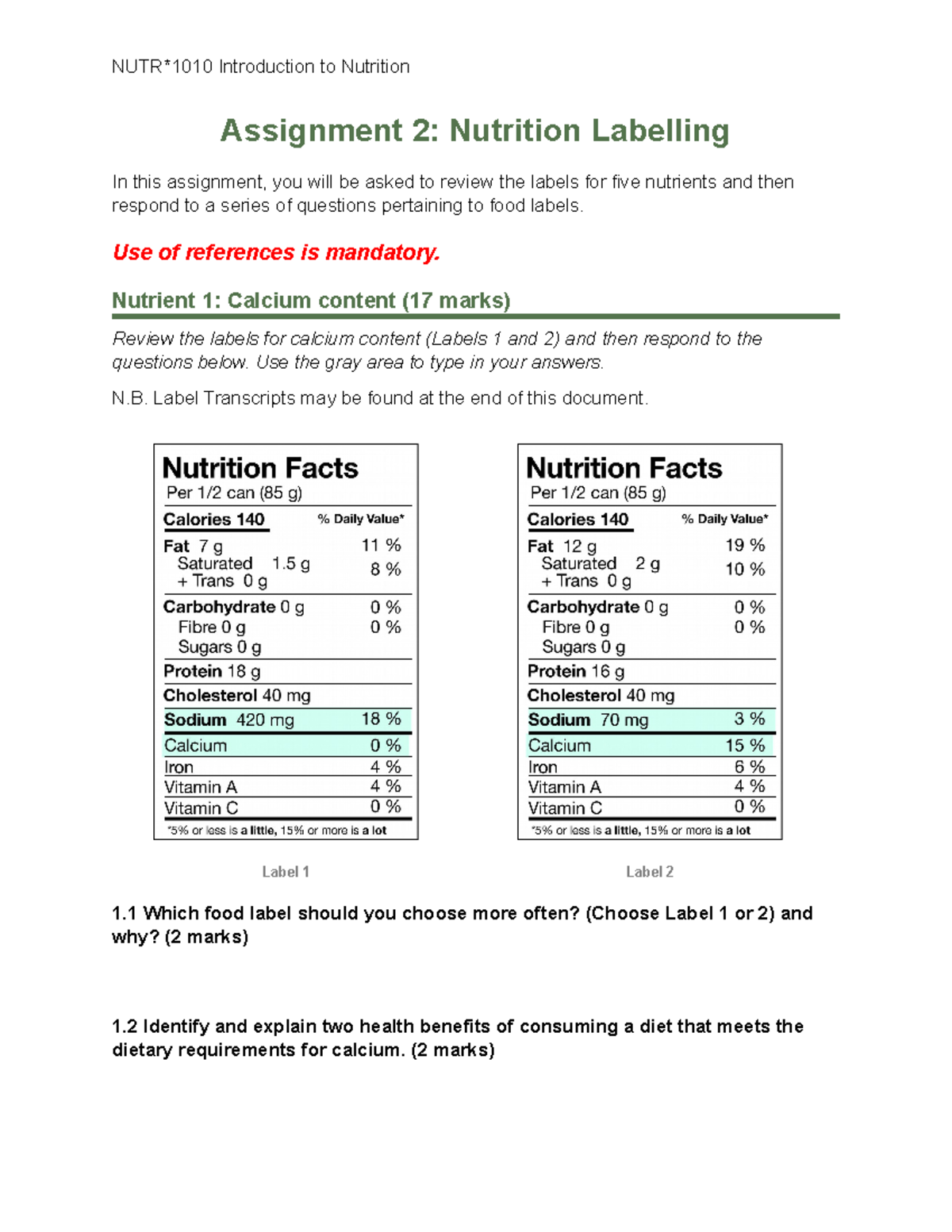 introduction to nutrition assignment