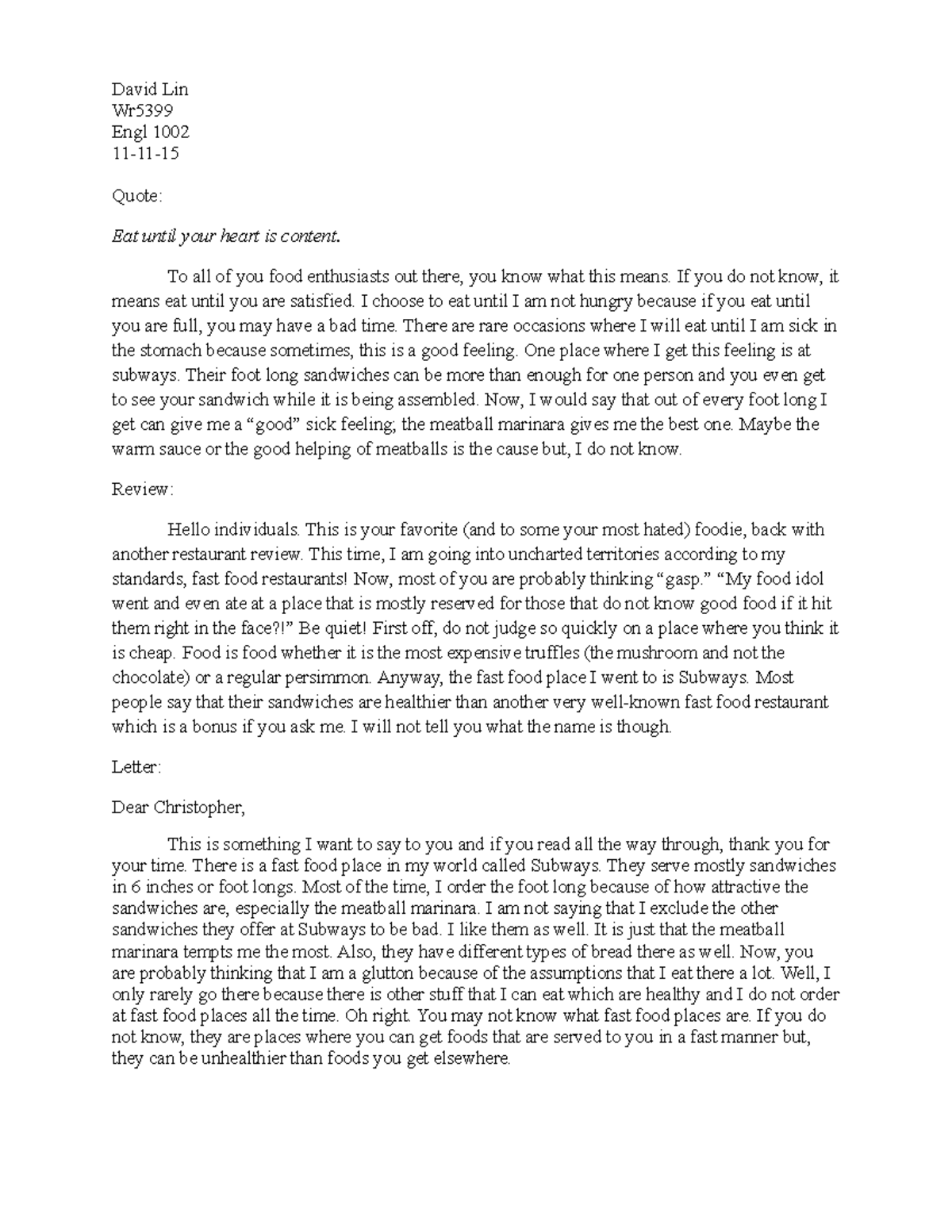 First Paragraphs of Restaurant Review - David Lin Wr Engl 1002 11-11 ...