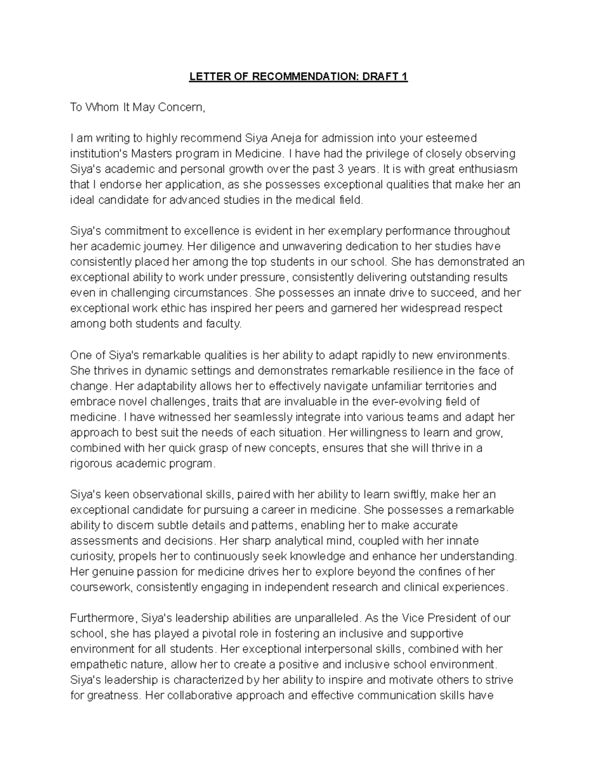 LOR Lor format LETTER OF DRAFT 1 To Whom It May