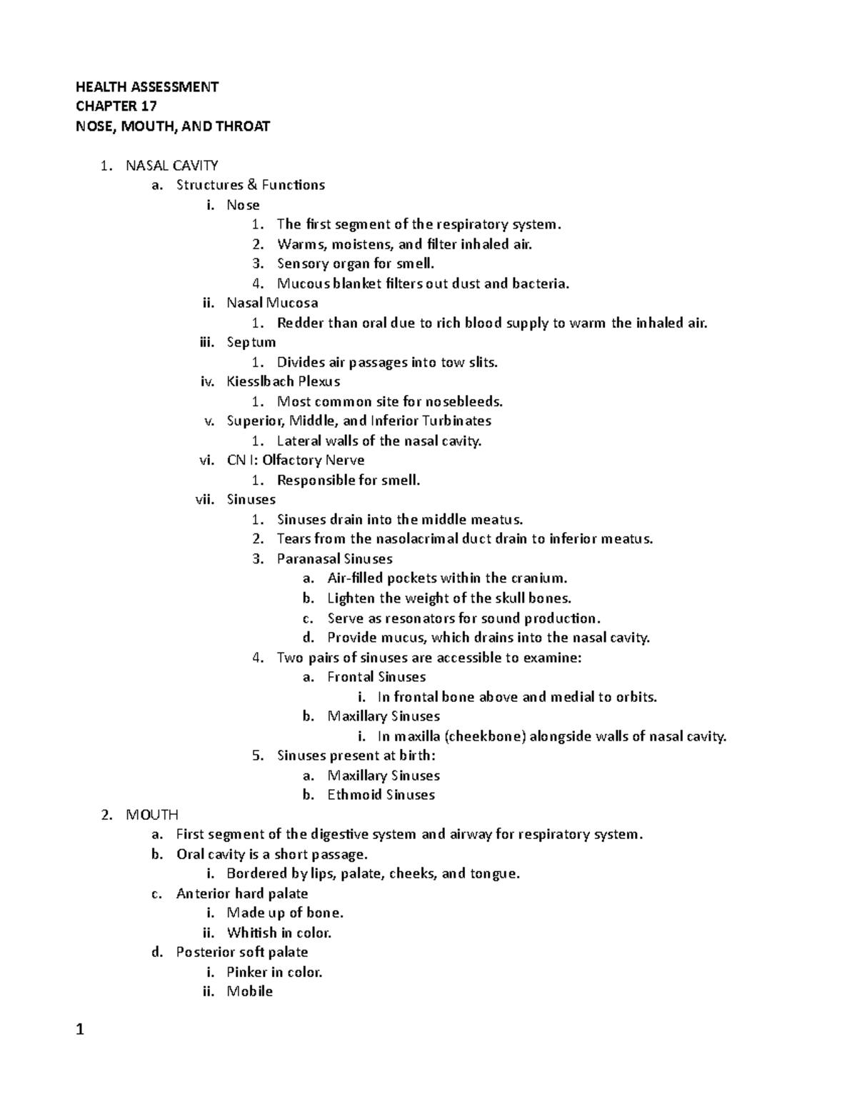 Chapter 17 - notes - HEALTH ASSESSMENT CHAPTER 17 NOSE, MOUTH, AND ...