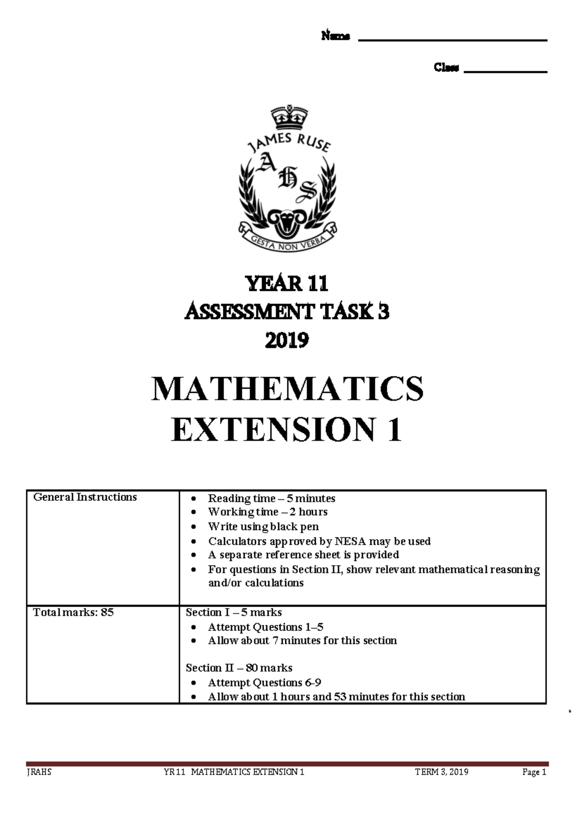 James Ruse 2019 3U Prelim Yearly & Solutions JRAHS YR 11 MATHEMATICS