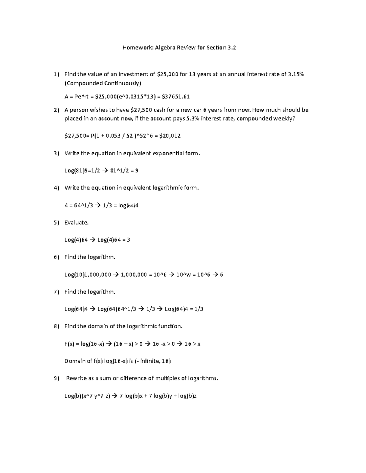 Homework Algebra Review for Section 3.2 Business Calc Homework
