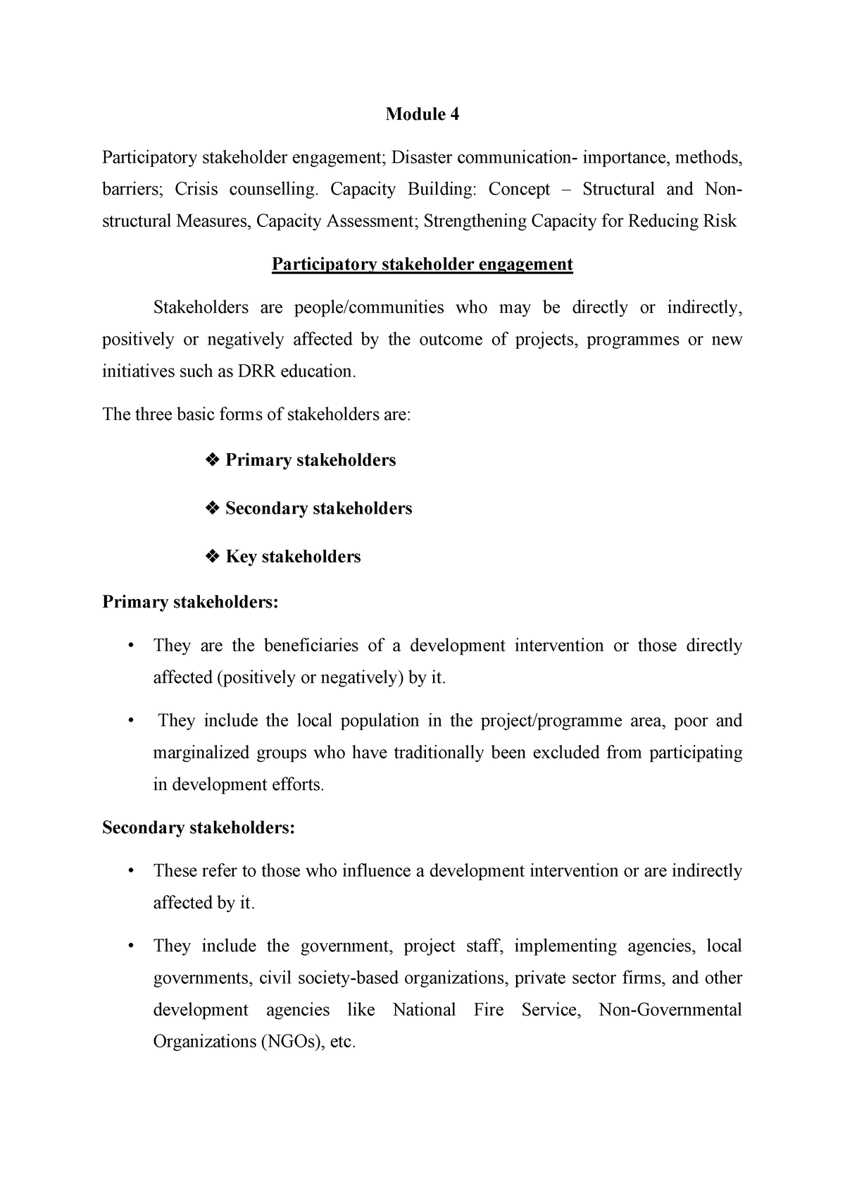 Module 4-1 - Module 4 Participatory stakeholder engagement; Disaster ...