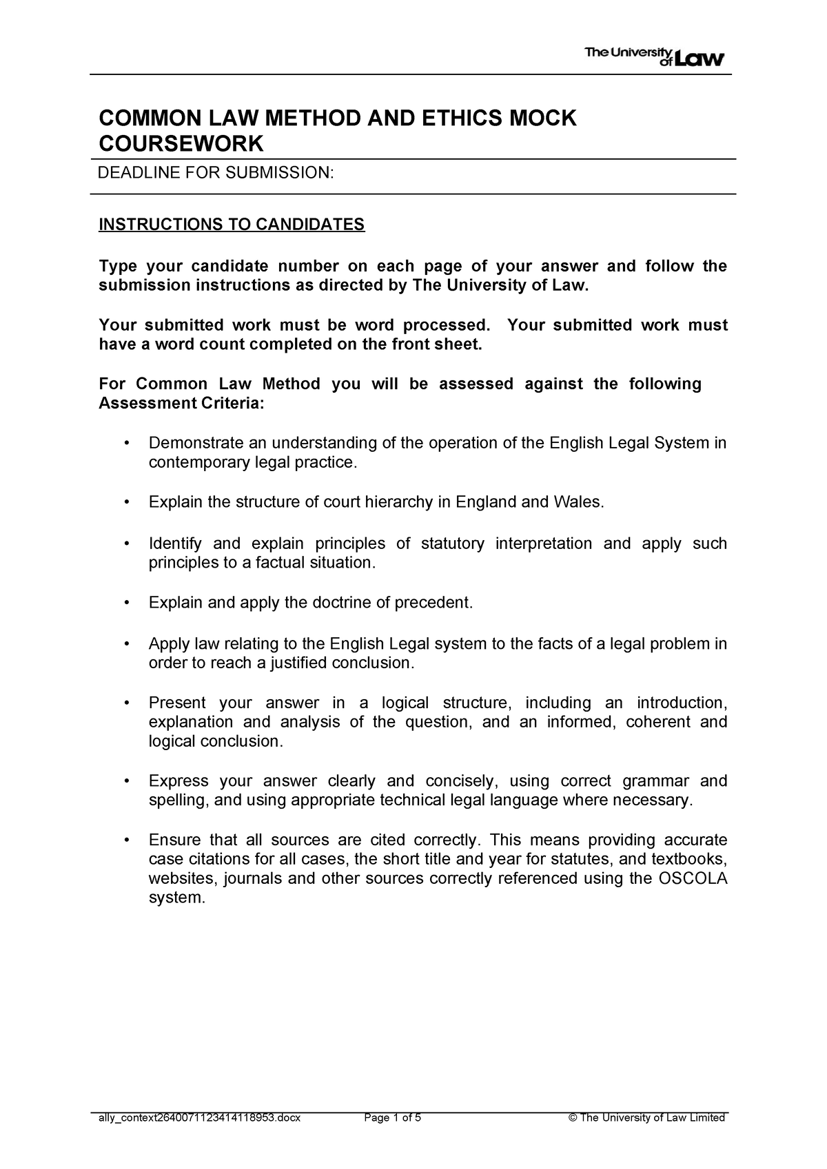 Exam paper with MCQ - Mock assessment - COMMON LAW METHOD AND ETHICS ...