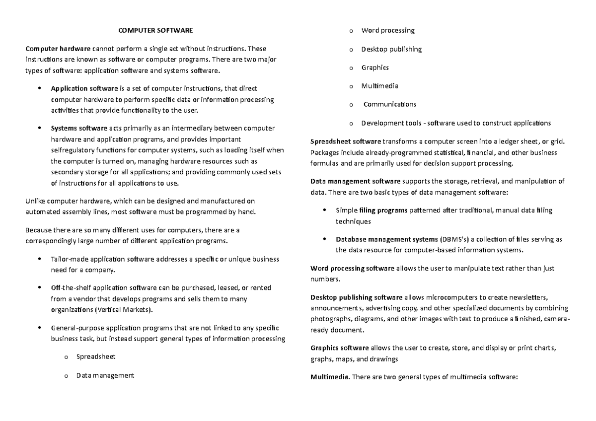 Computer Software Notes - COMPUTER SOFTWARE Computer hardware cannot ...