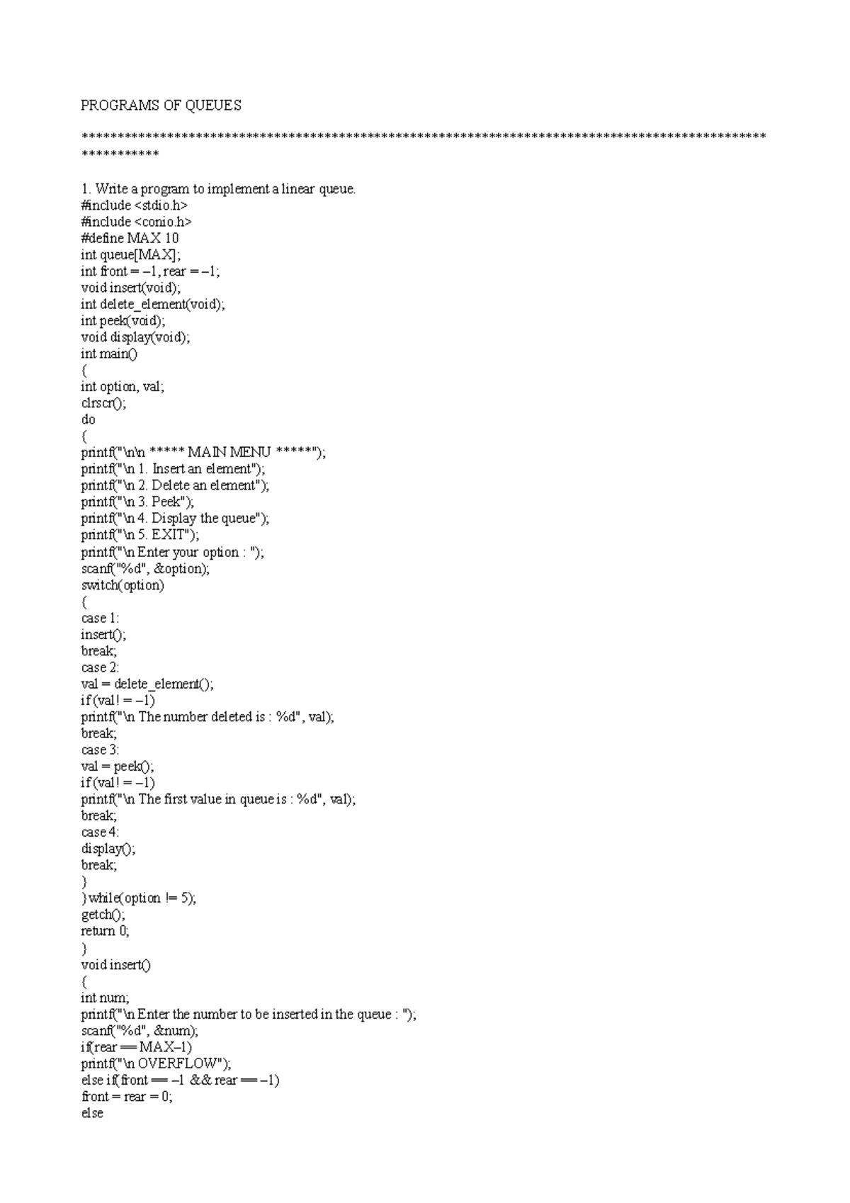 Queues in C language - PROGRAMS OF QUEUES - Studocu