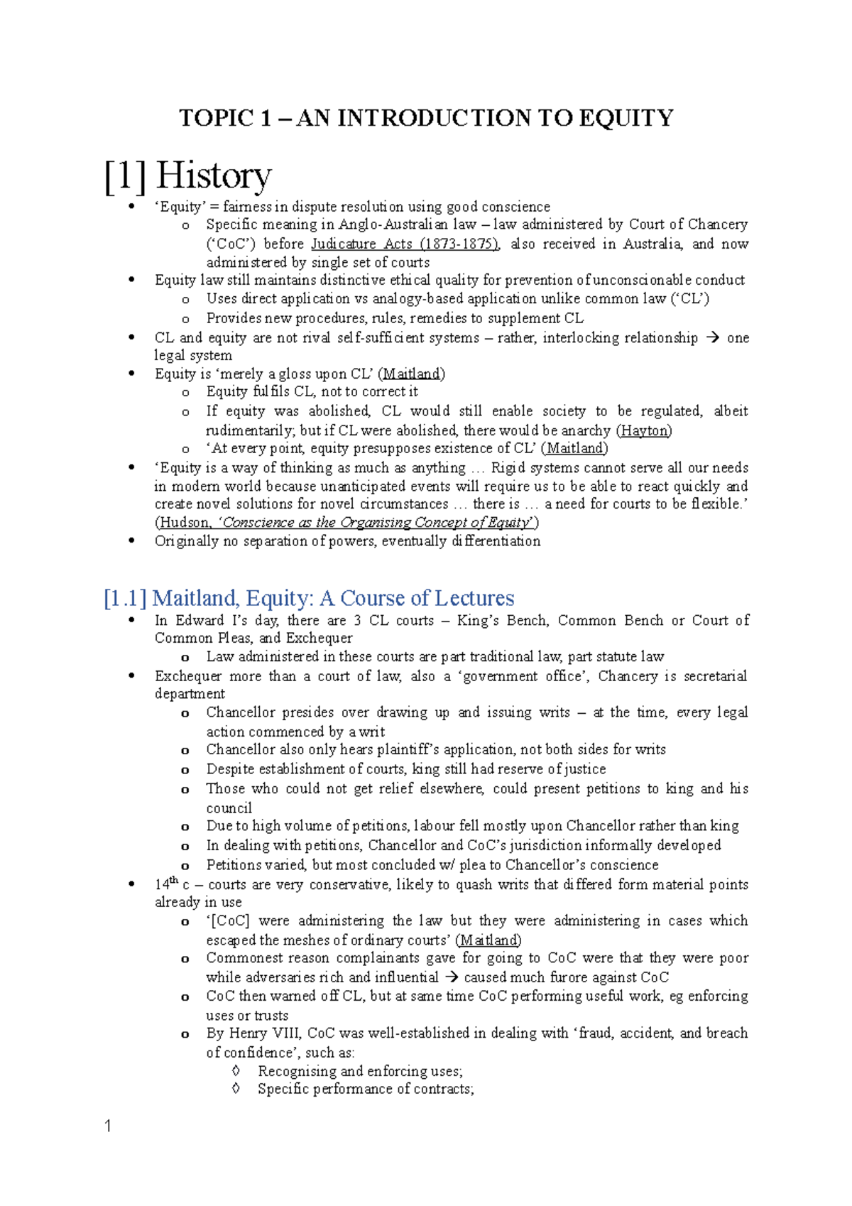 LAWS2205 - Topic 1 Summary Notes - TOPIC 1 – AN INTRODUCTION TO EQUITY ...