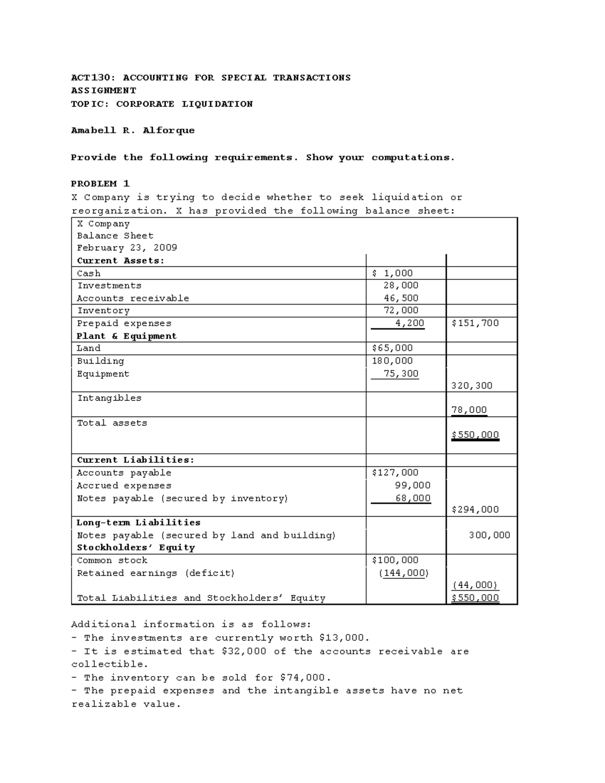 Corporation Liquidation - ACT130: ACCOUNTING FOR SPECIAL TRANSACTIONS ...