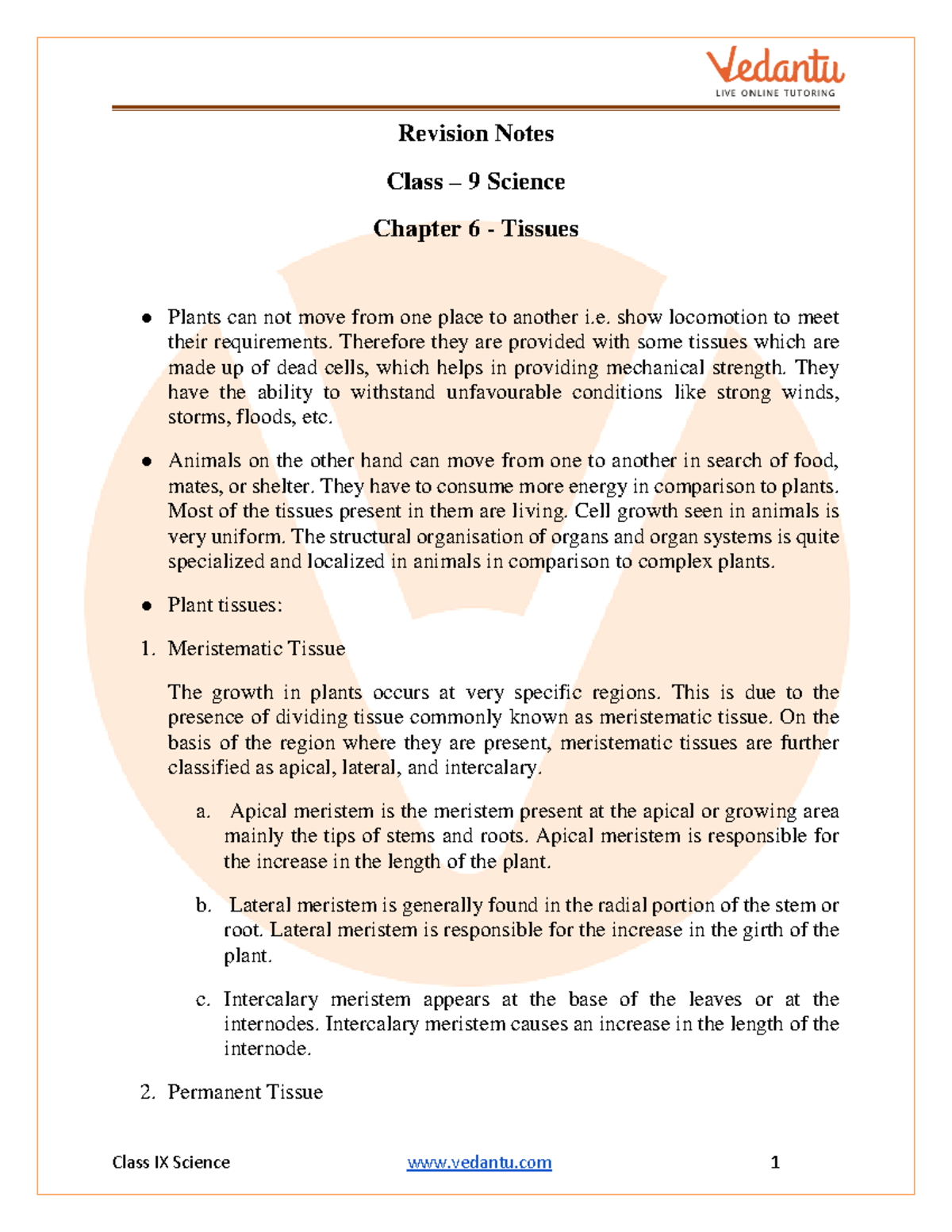 Class 9 Science Chapter 6 Revision Notes - Class IX Science vedantu 1 ...