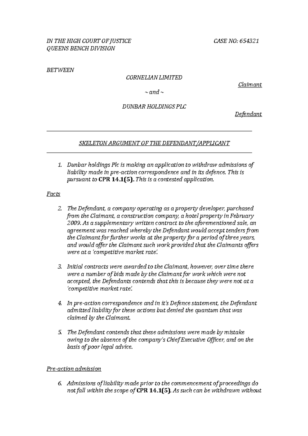 J Harris - Skeleton Argument of the Defendant - IN THE HIGH COURT OF ...